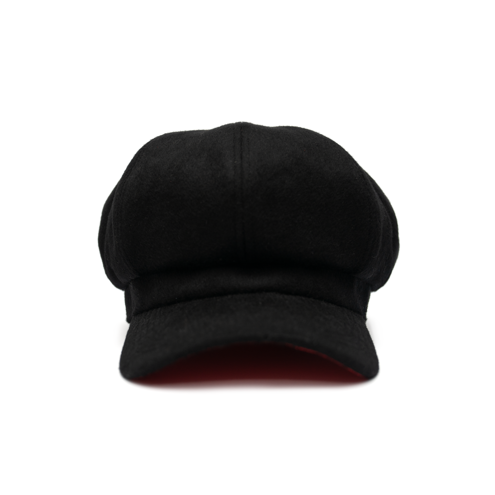 A black color cap with a visor, made of wool with satin lining and a logo pin on the front.