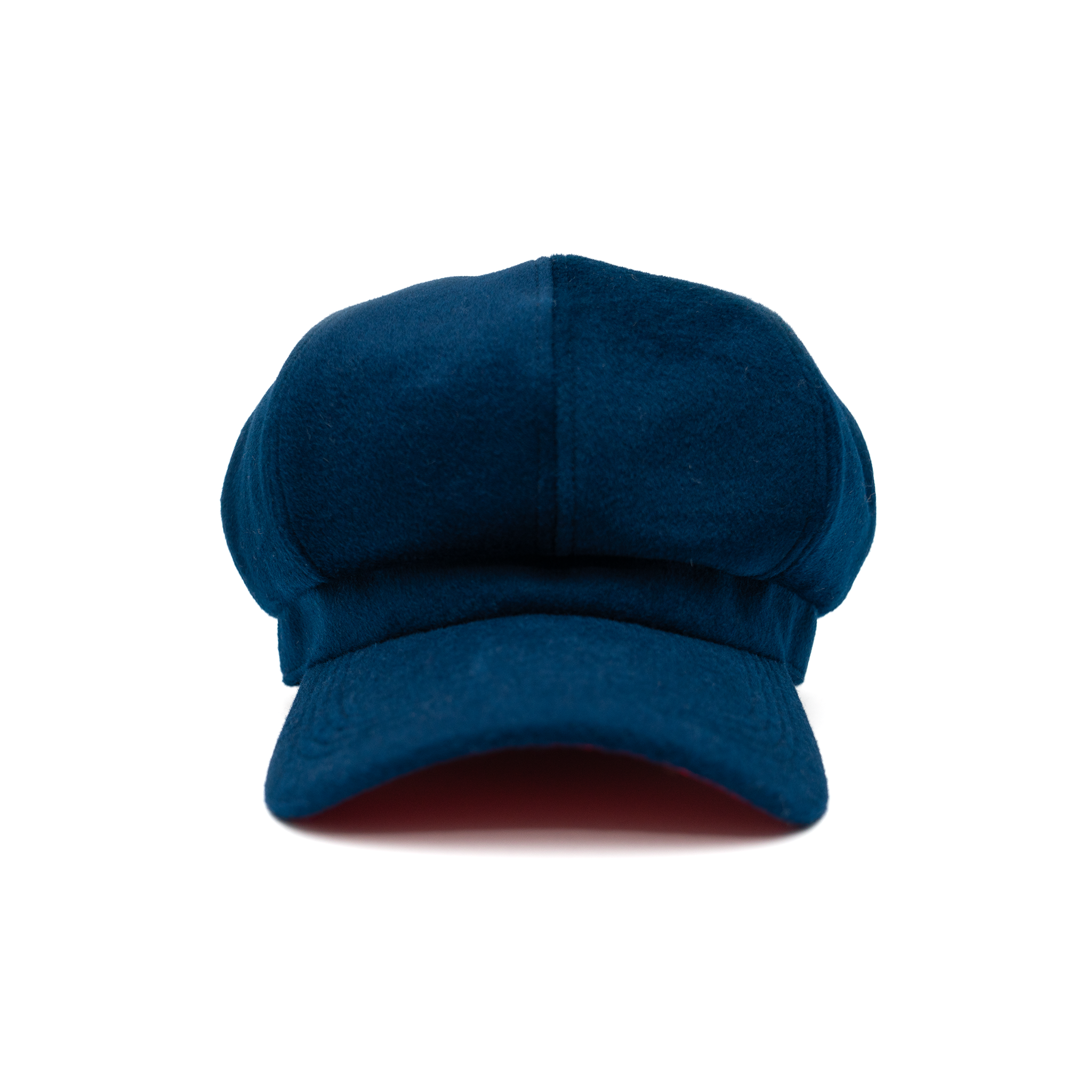 A sapphire blue colored hat made of wool with a satin lining and gold hardware.