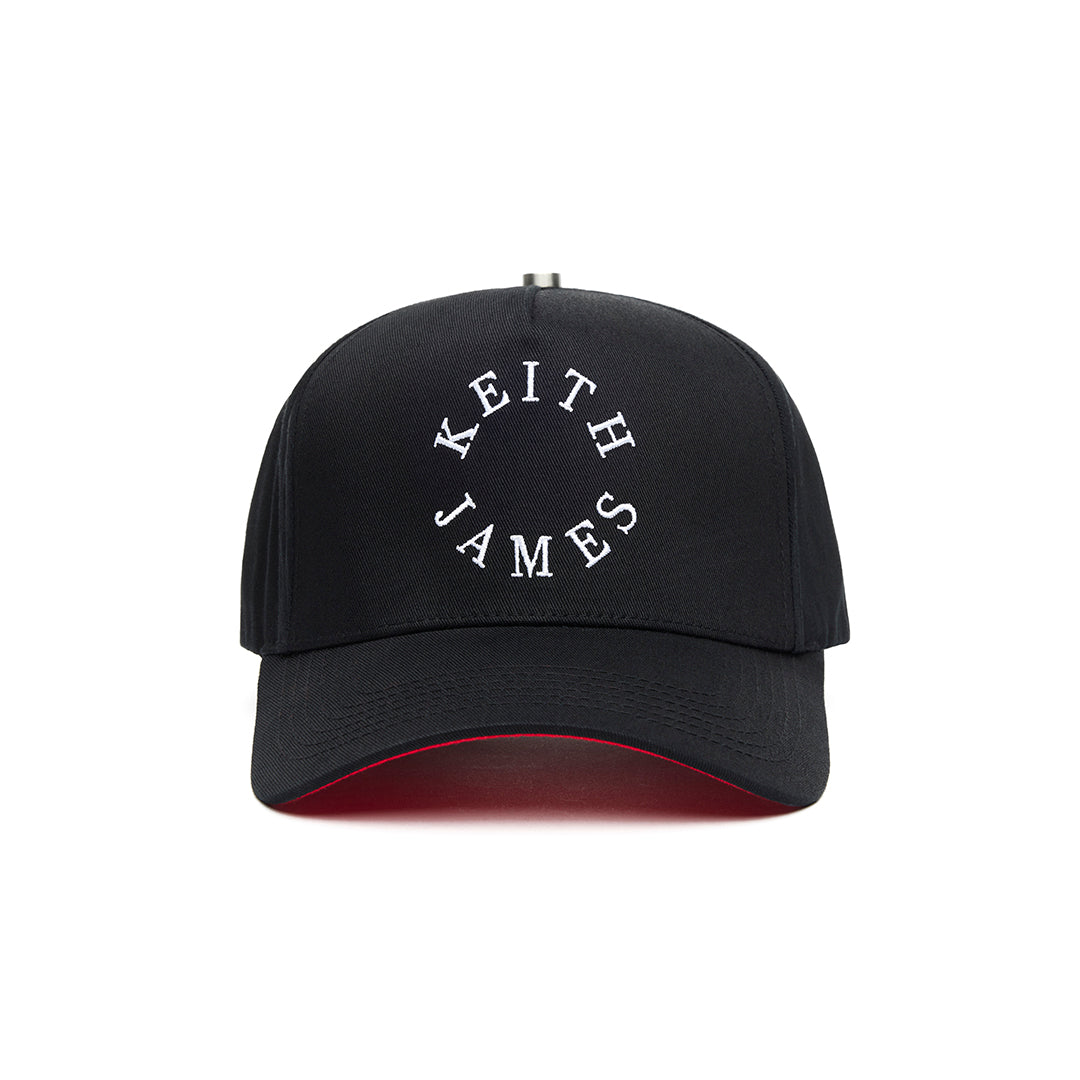 A black 5 panel baseball cap with an adjustable band, featuring the embroidered logo 'KEITH JAMES' on the front.