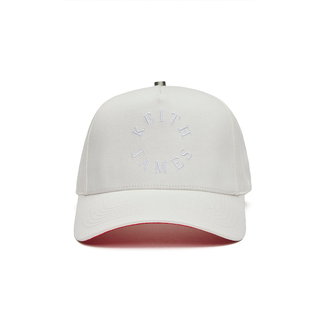 Light gray cap with red interior and embroidered text on a white background