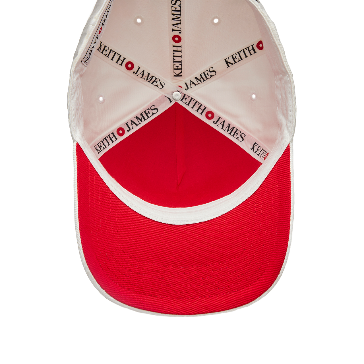 Red and beige cap with 'Keith James' branding on a white background