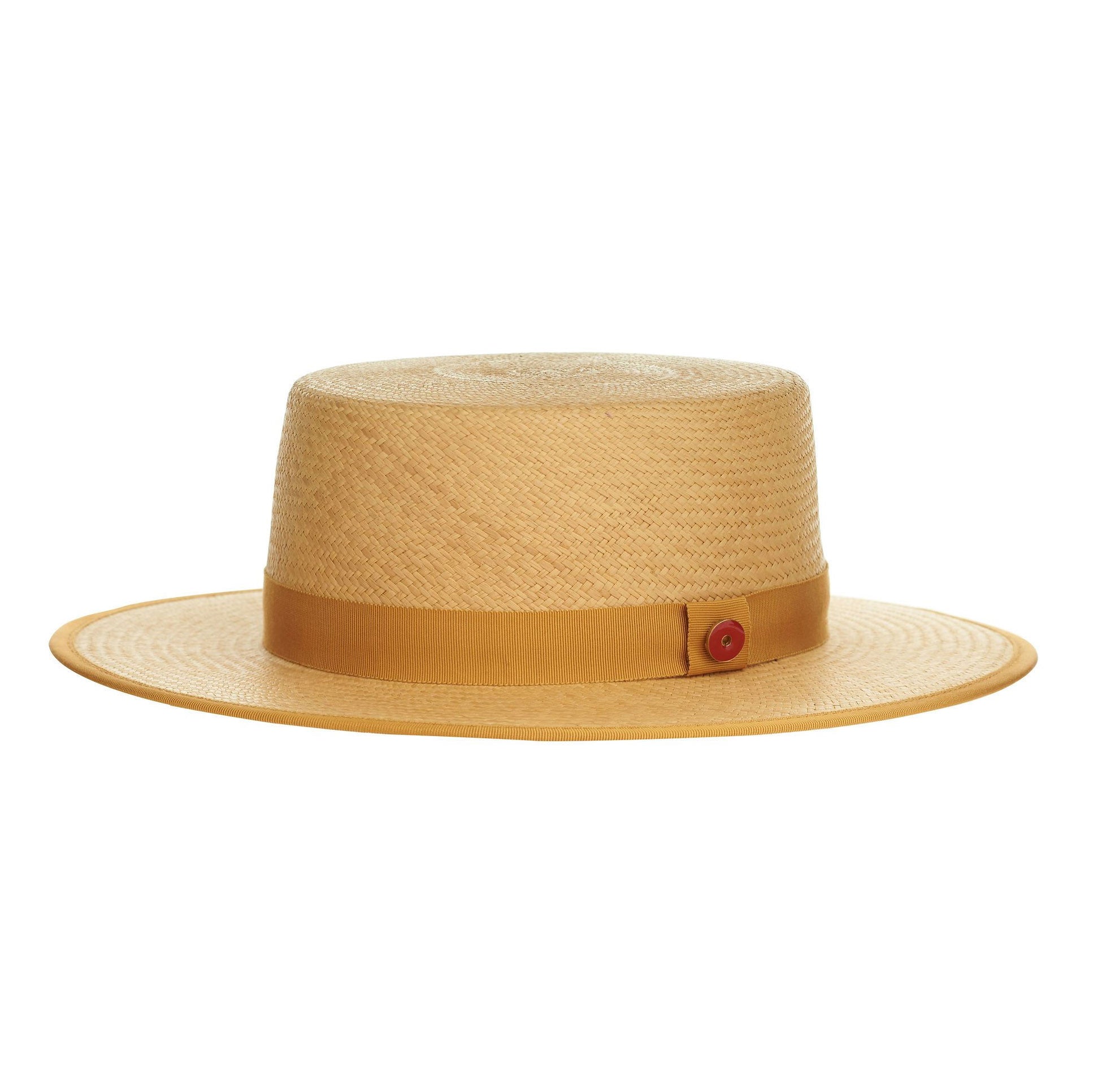 Beige straw hat with a brown band on a white background