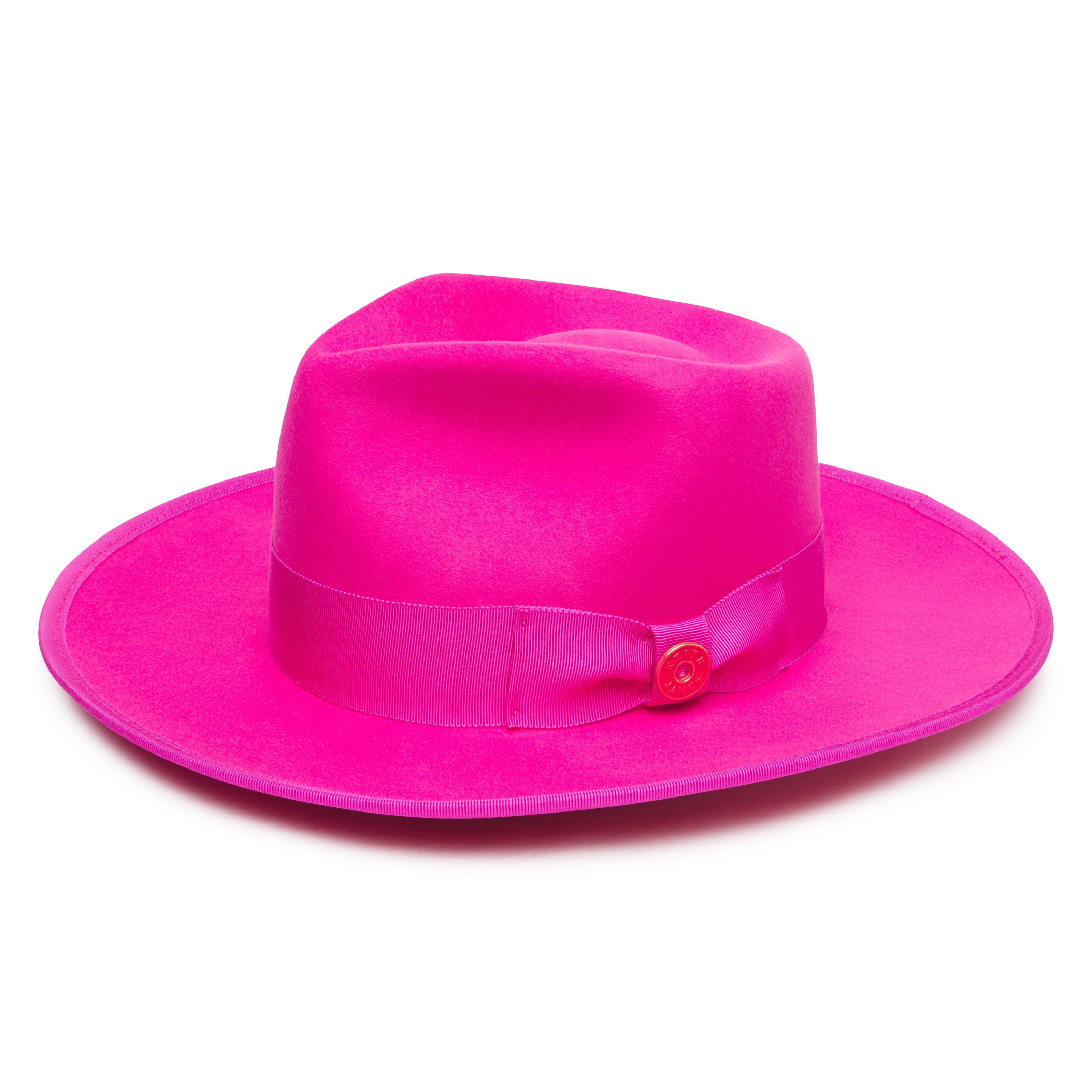 Bright pink fedora hat with a red button on a white background