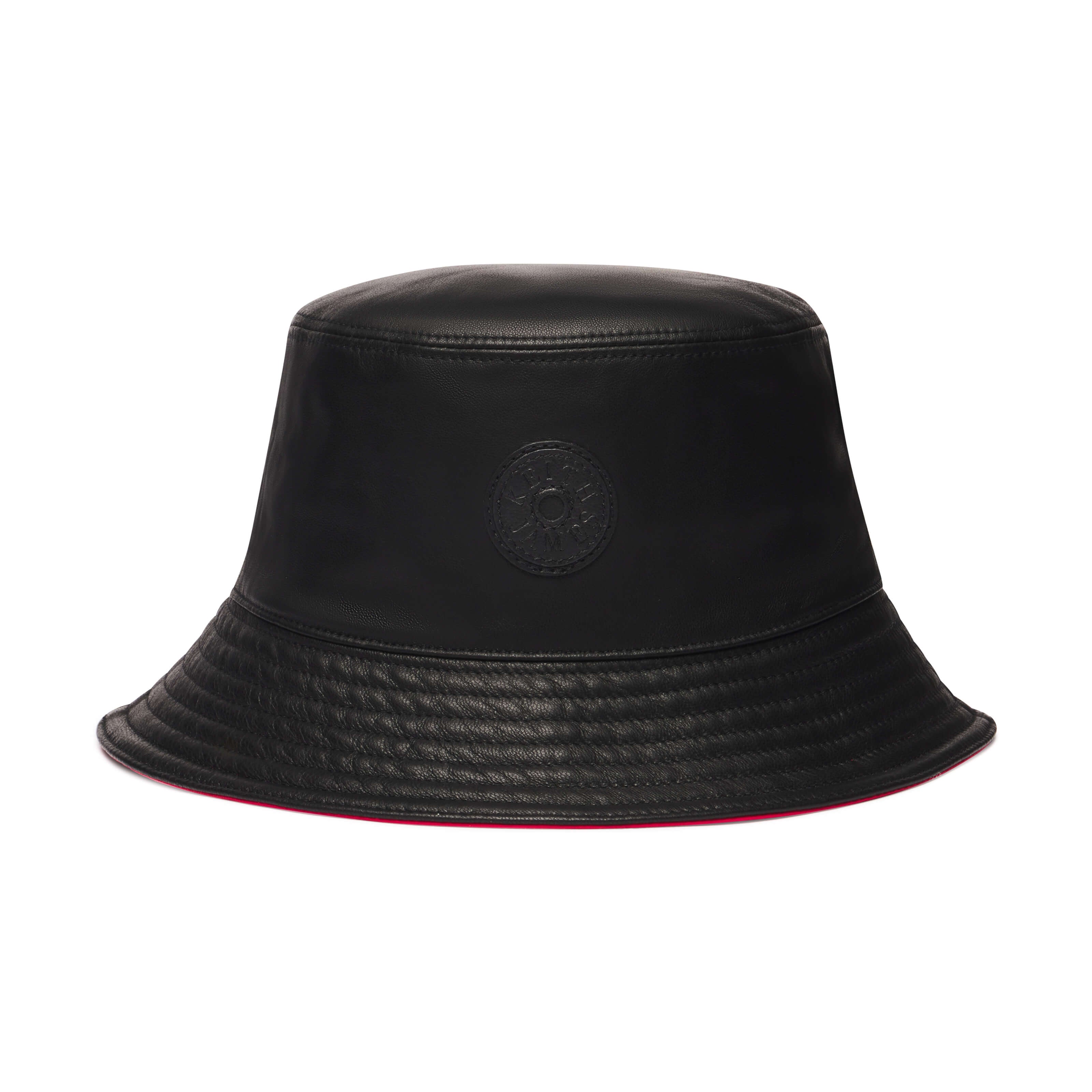 Black bucket hat with a brand logo on a white background