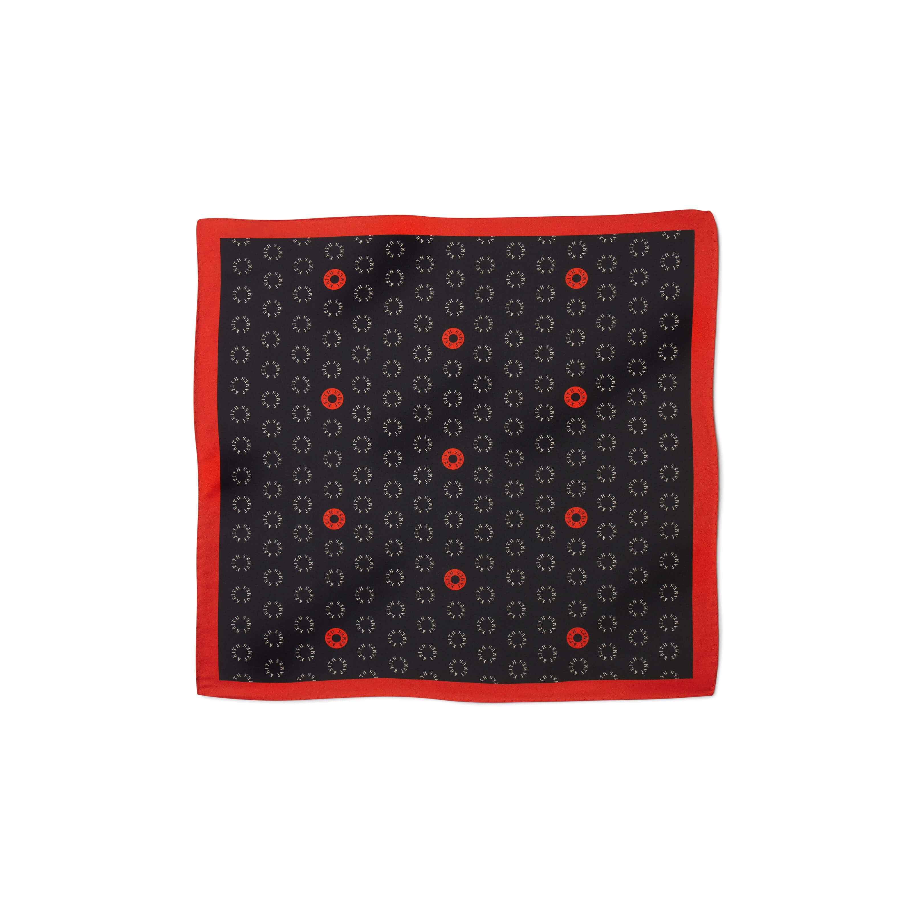 Black pocket square with red polka dots on a white background