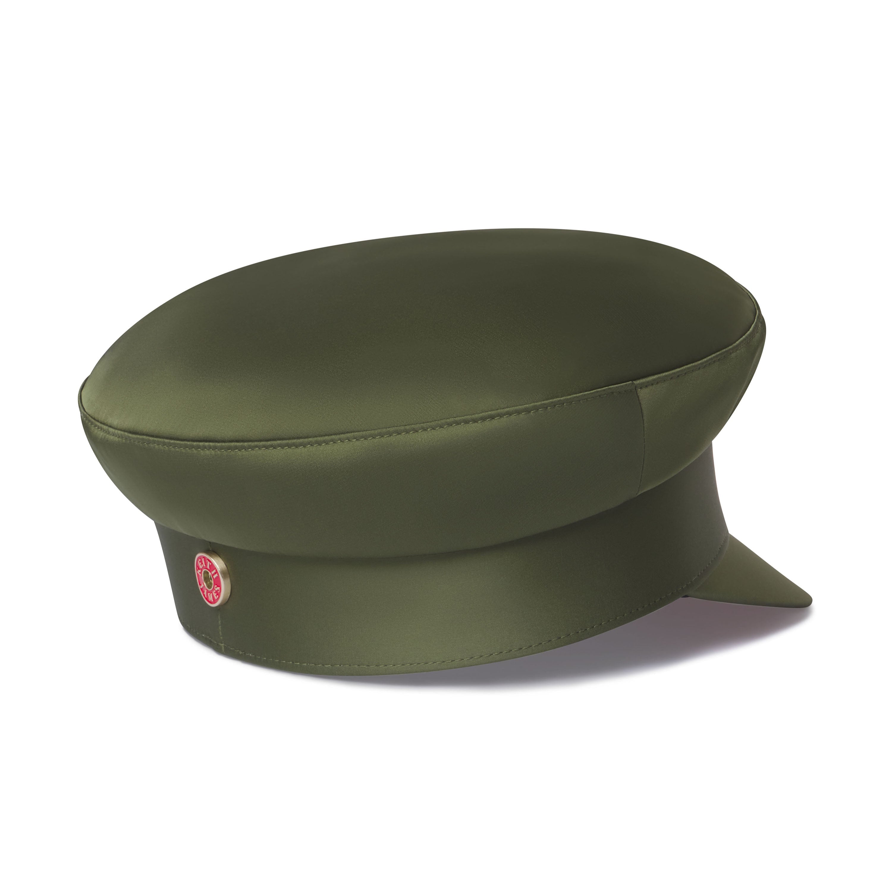 An olive green modern structured sailor cap with a flat brim, signature red satin lining, and gold hardware at the back band. It has a soft curved visor and a branded sweatband.