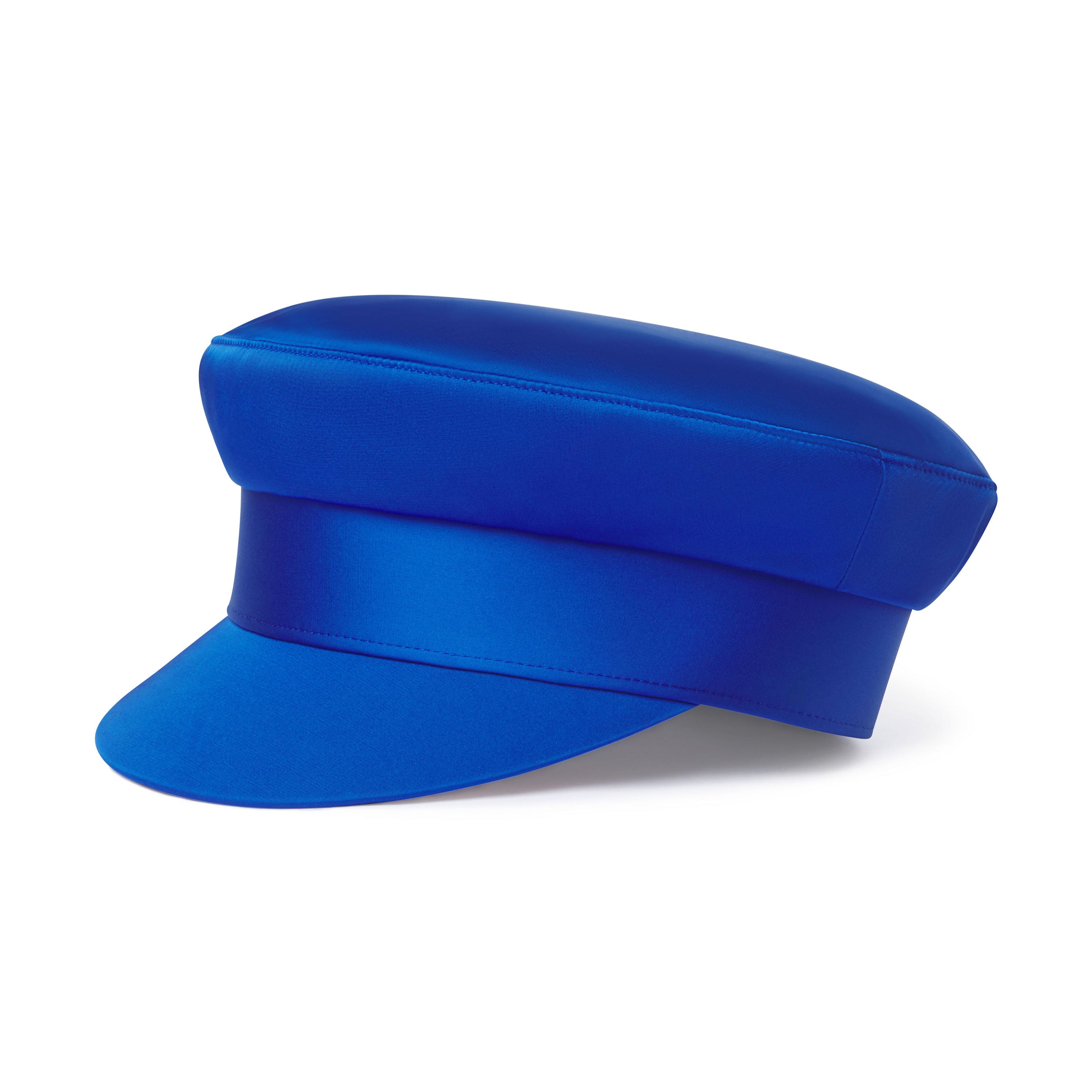 A true blue, modern structured sailor cap with a flat brim and soft curve visor.