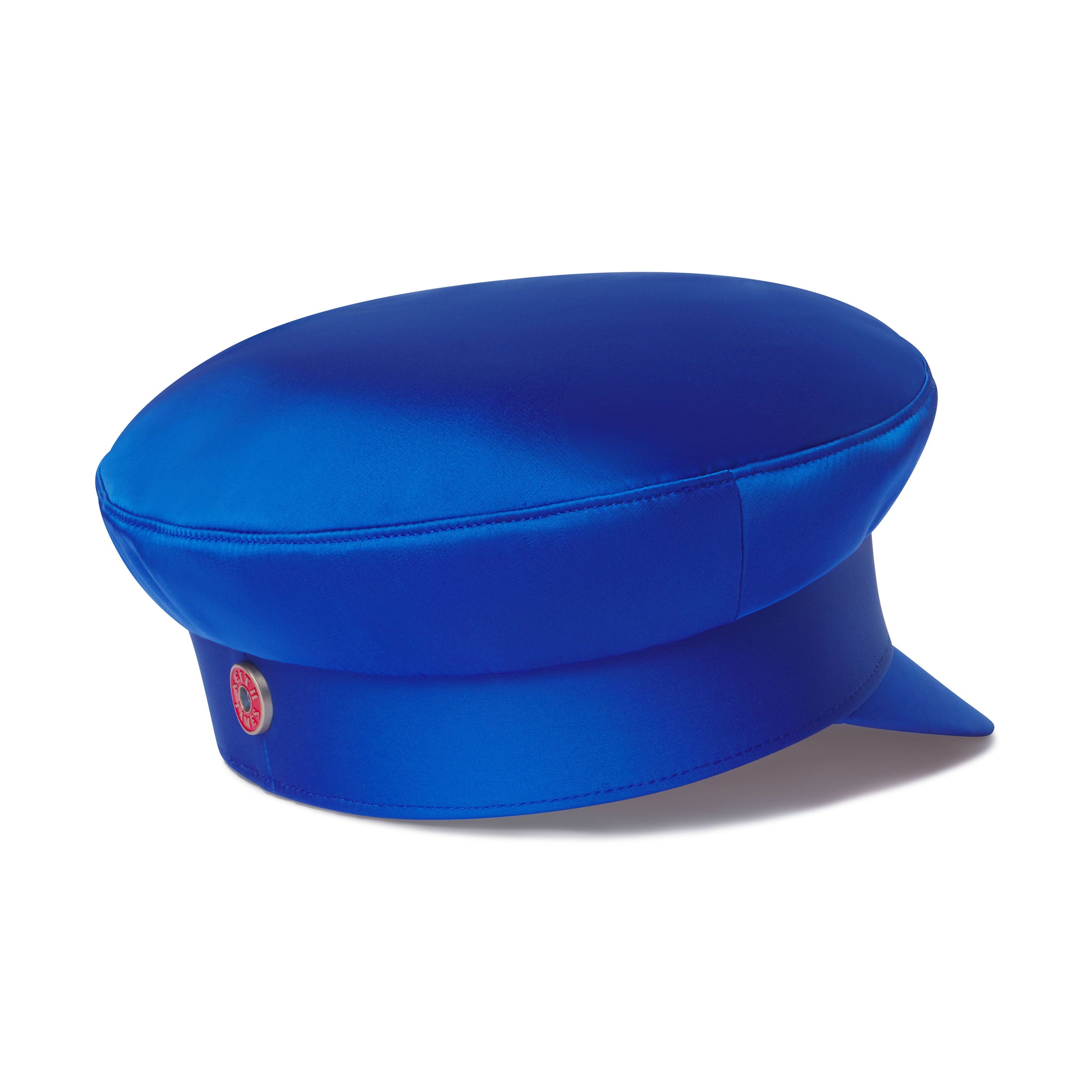 A bold, blue structured sailor cap with a flat brim and curved visor, featuring a signature red satin lining with a printed logo and gold hardware at the back band.