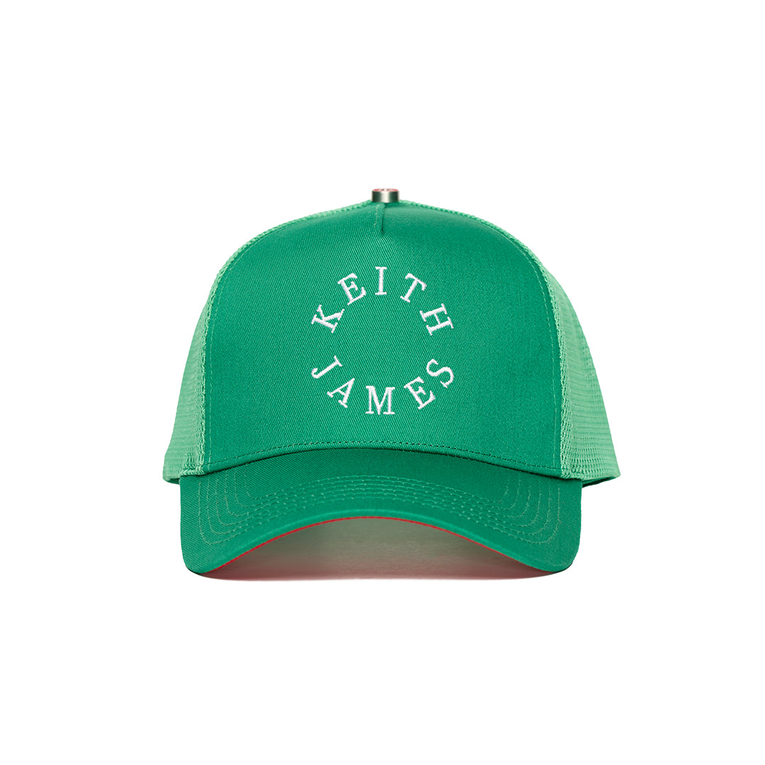 A trucker hat with a Keith James Logo