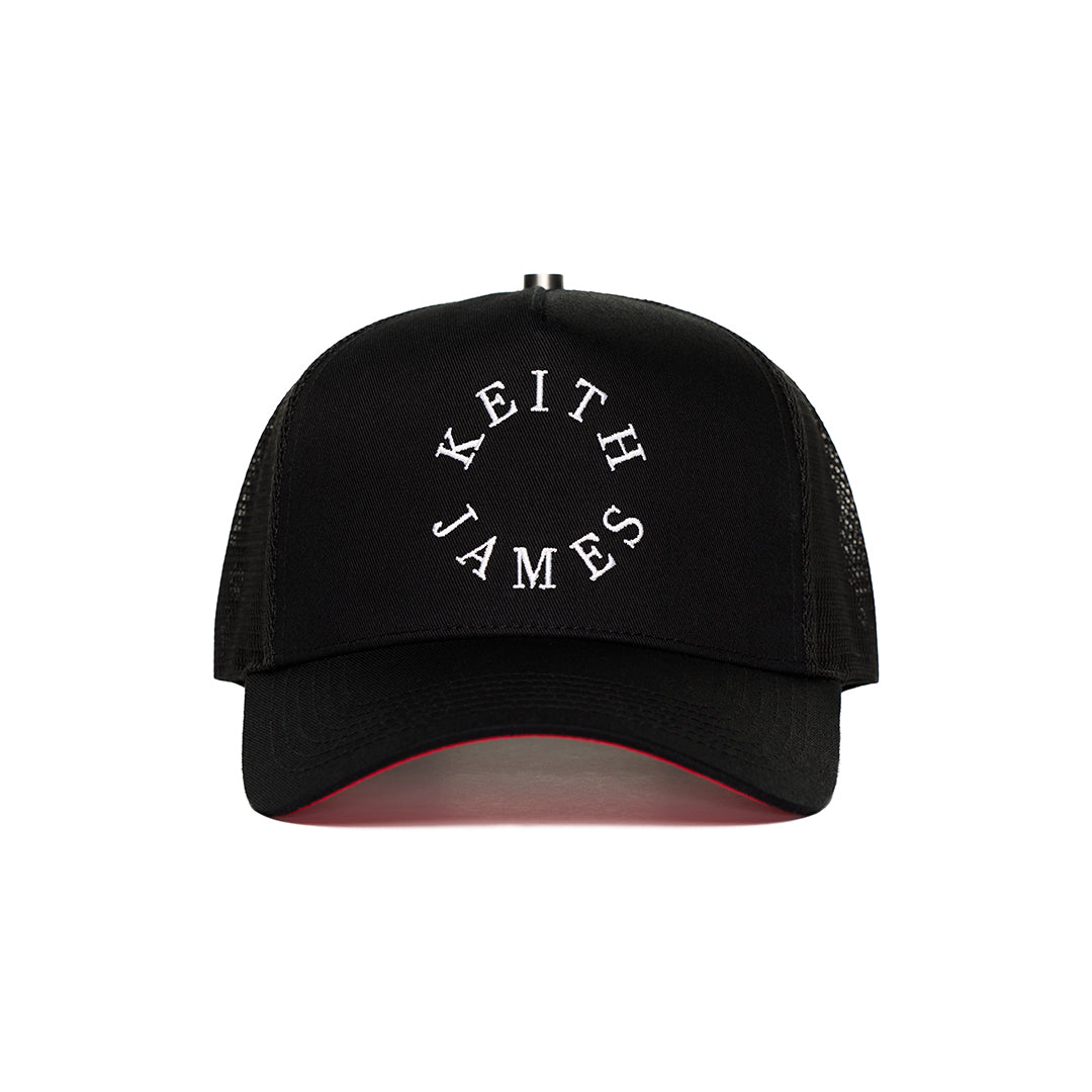 A trucker hat with a Keith James Logo