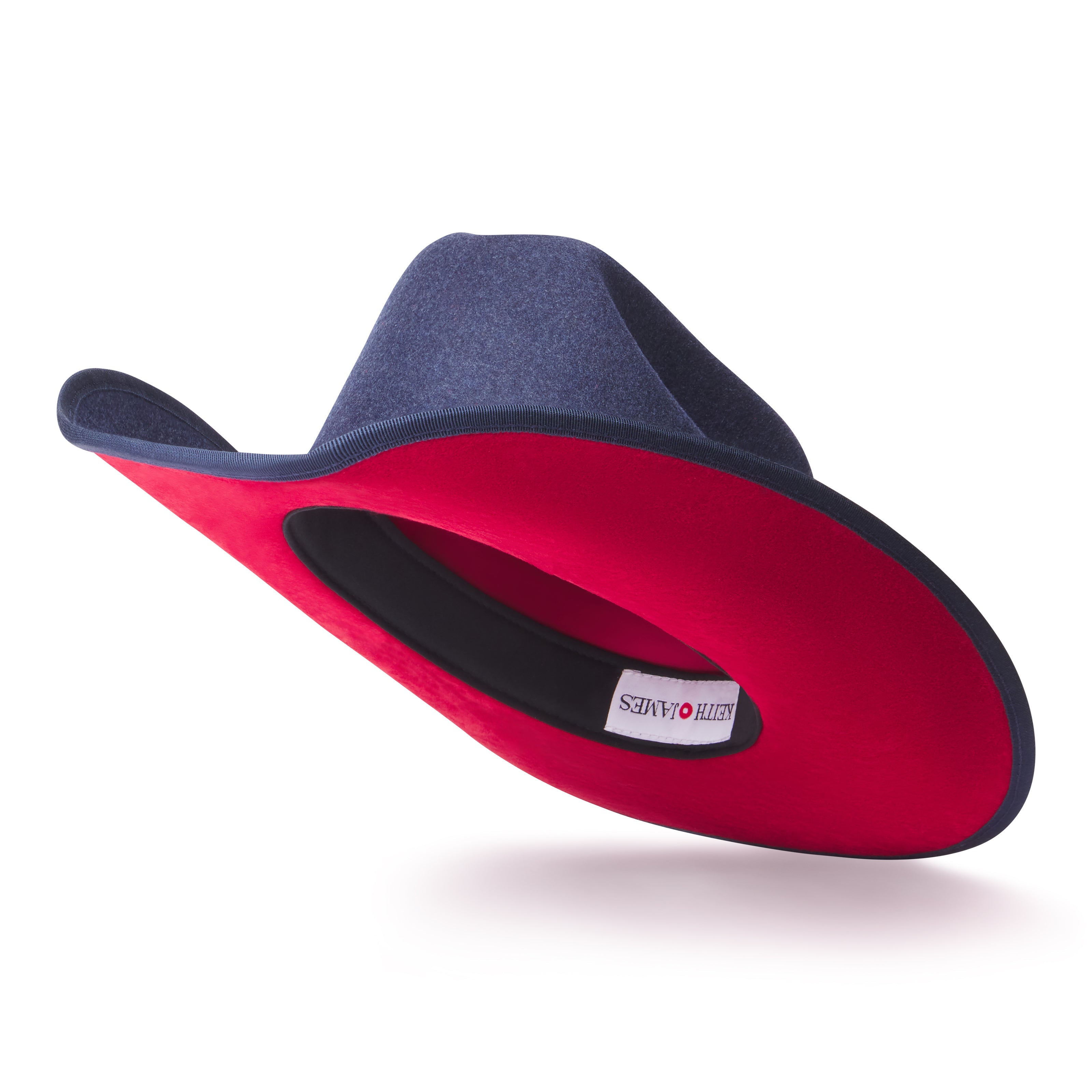Red and blue hat with a visible brand logo on a white background