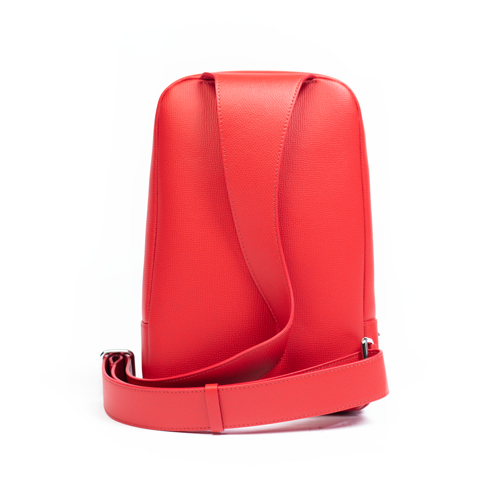 A rose red backpack with a front zipper pocket and adjustable straps on a white background.