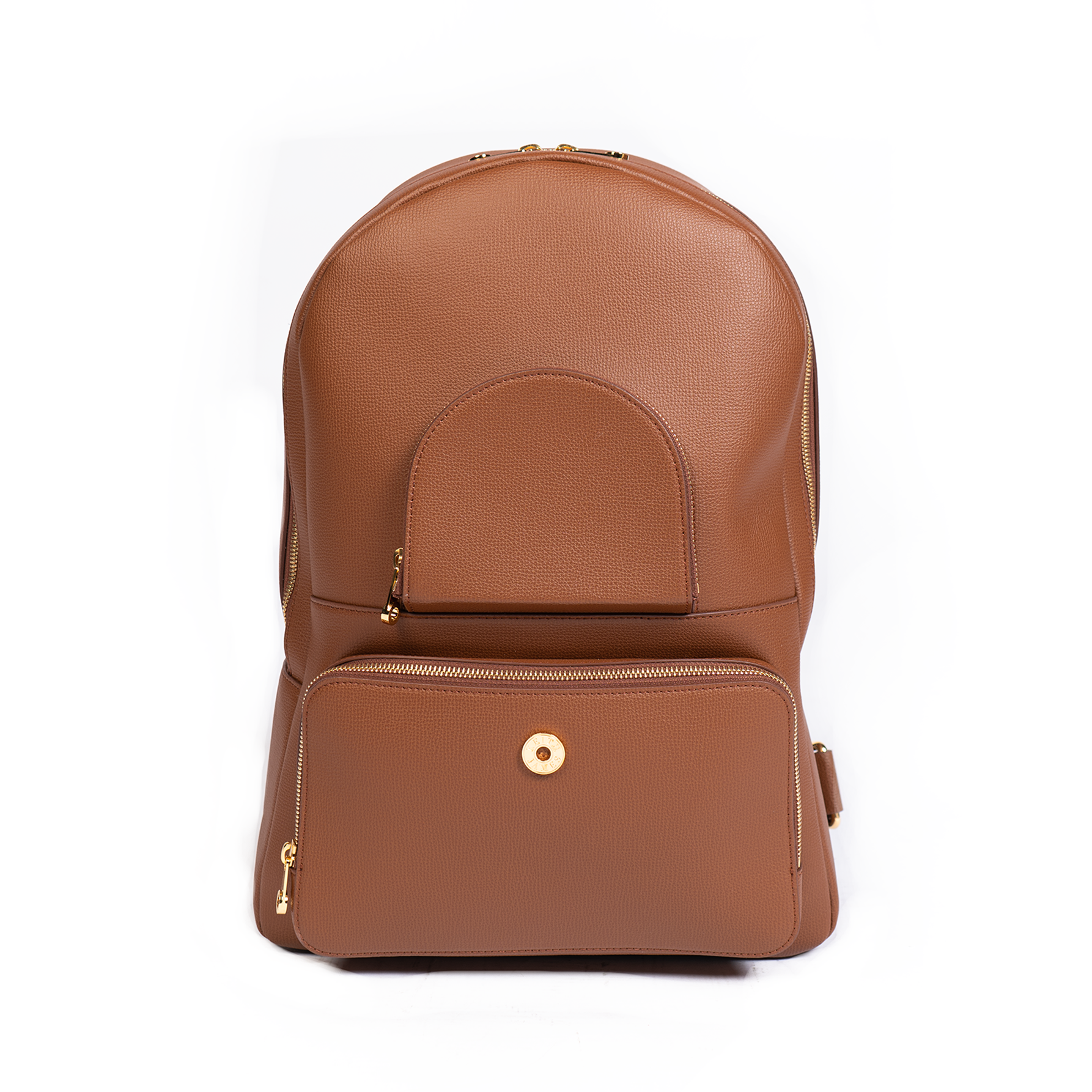 A cocoa brown backpack with a front zipper pocket and side mesh pockets, made of leather.