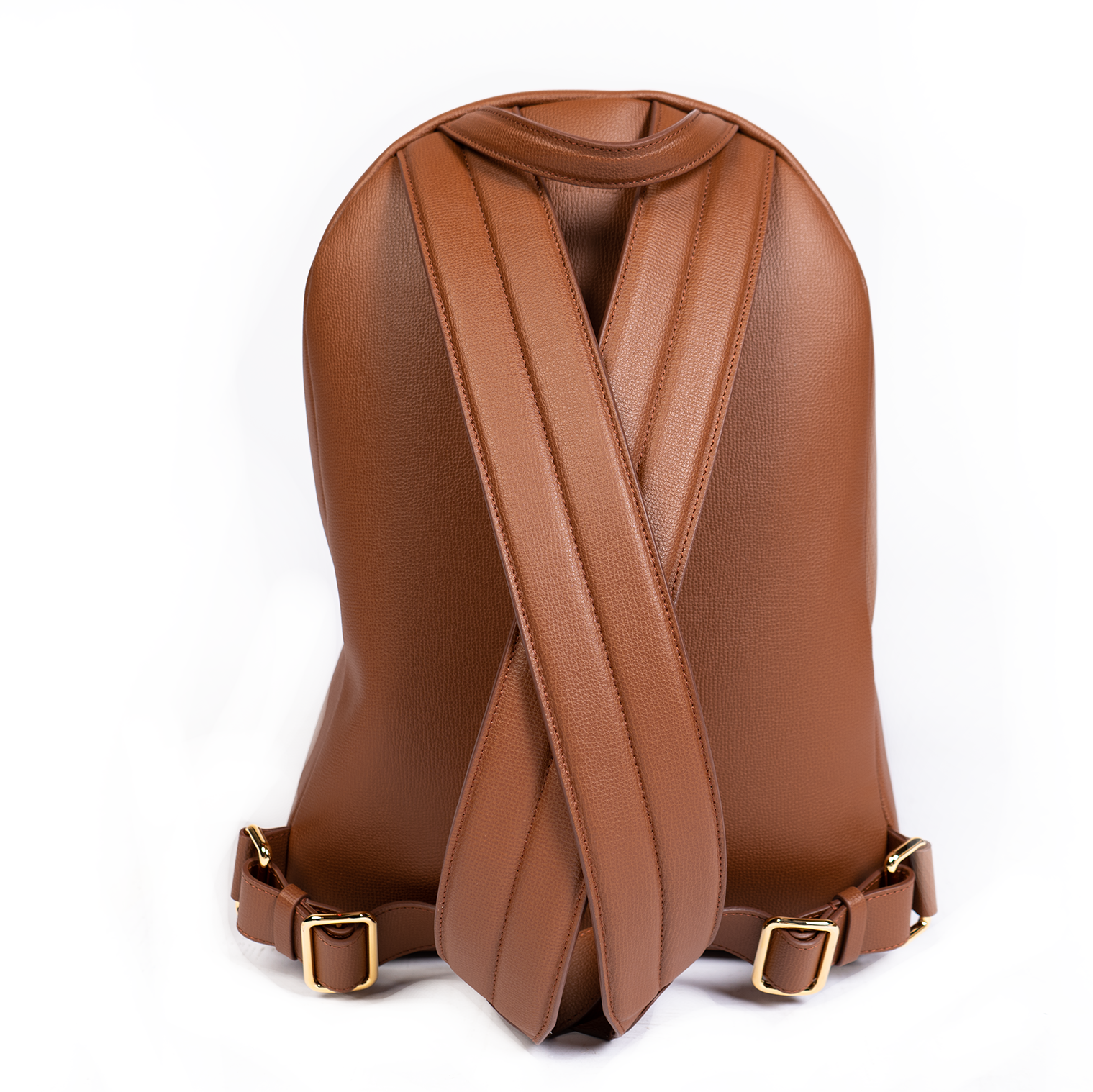 A cocoa brown backpack with a front zipper pocket and side mesh pockets, made of leather.