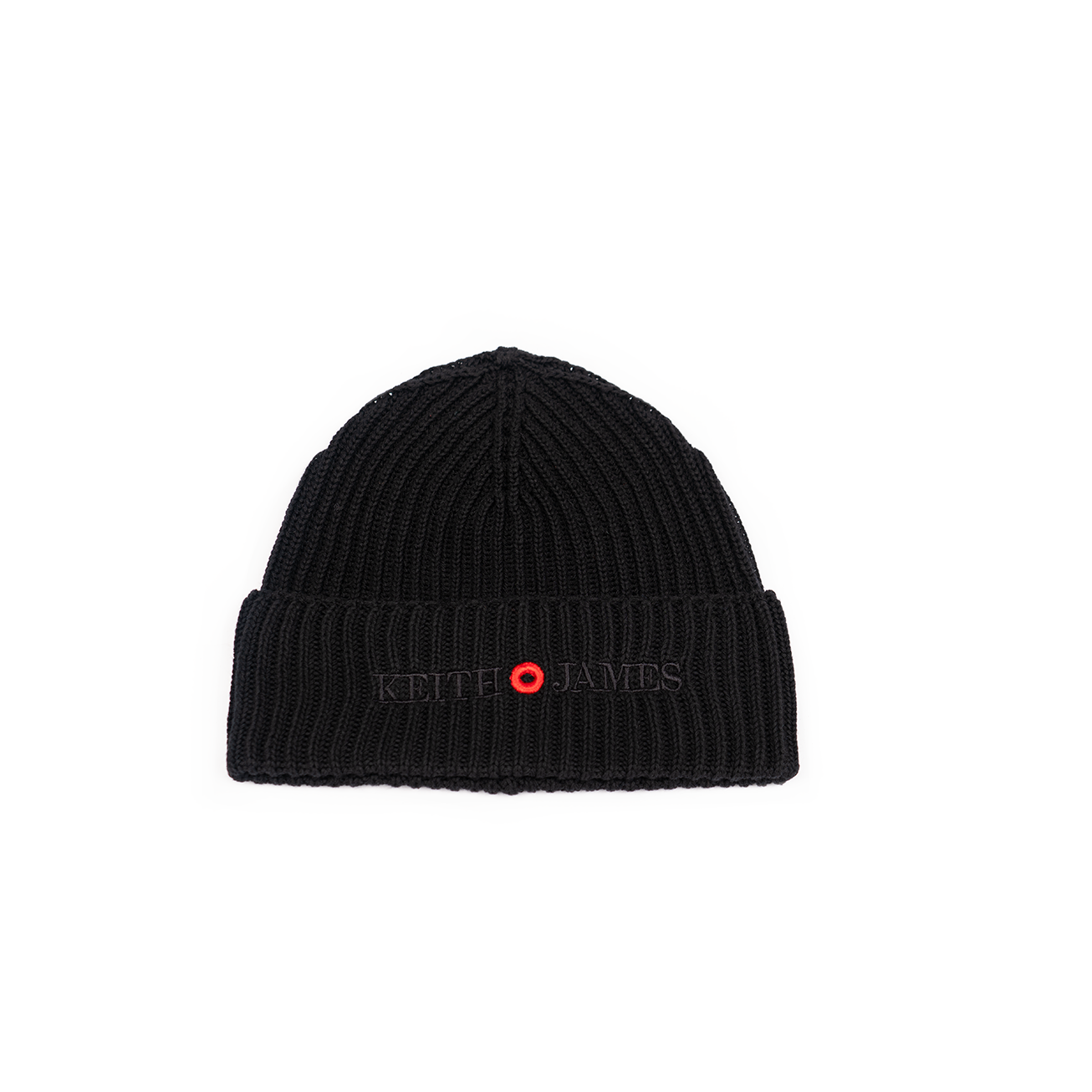 A black rib-knit beanie with an embroidered logo on the fold.