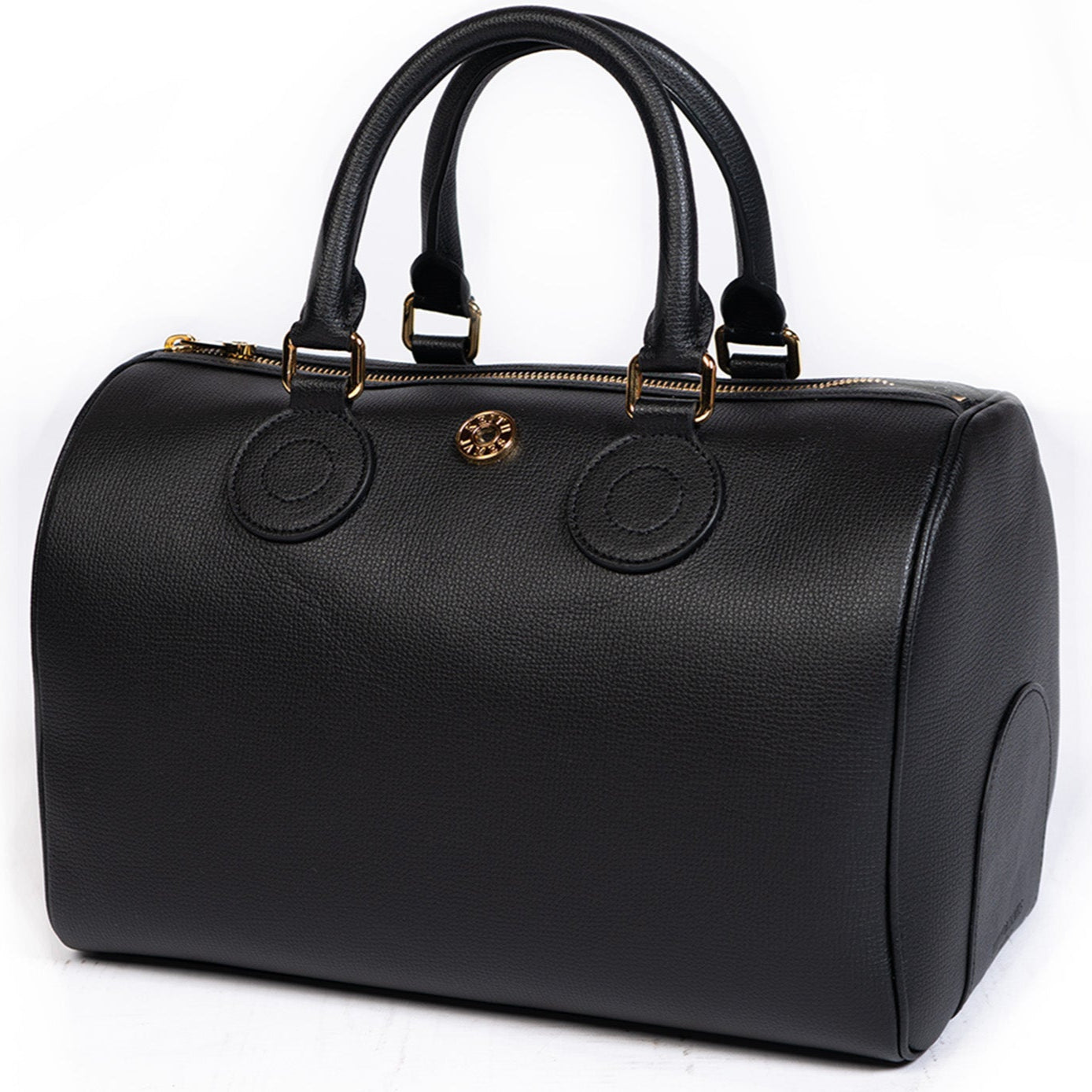 A jet black leather handbag with two handles, a front zipper pocket, and a logo emblem.