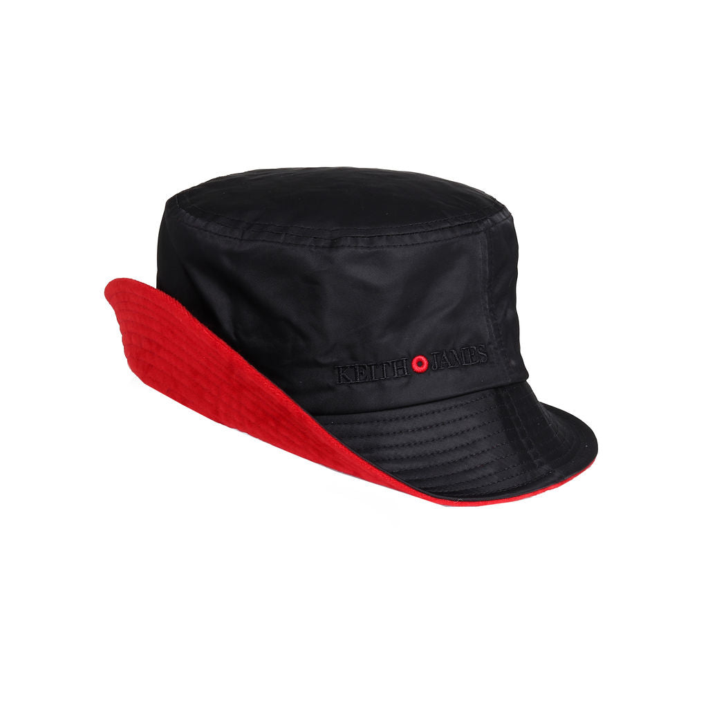 A jet black bucket hat with a red detail around the base.