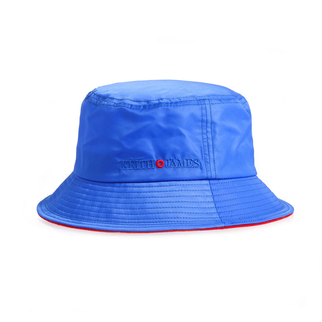 A true blue bucket hat with a red trim and the brand 'Keith James' embroidered on the front.