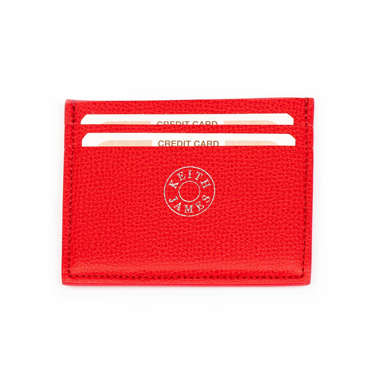 A red leather credit card case with multiple card slots and a logo stamp on the front.