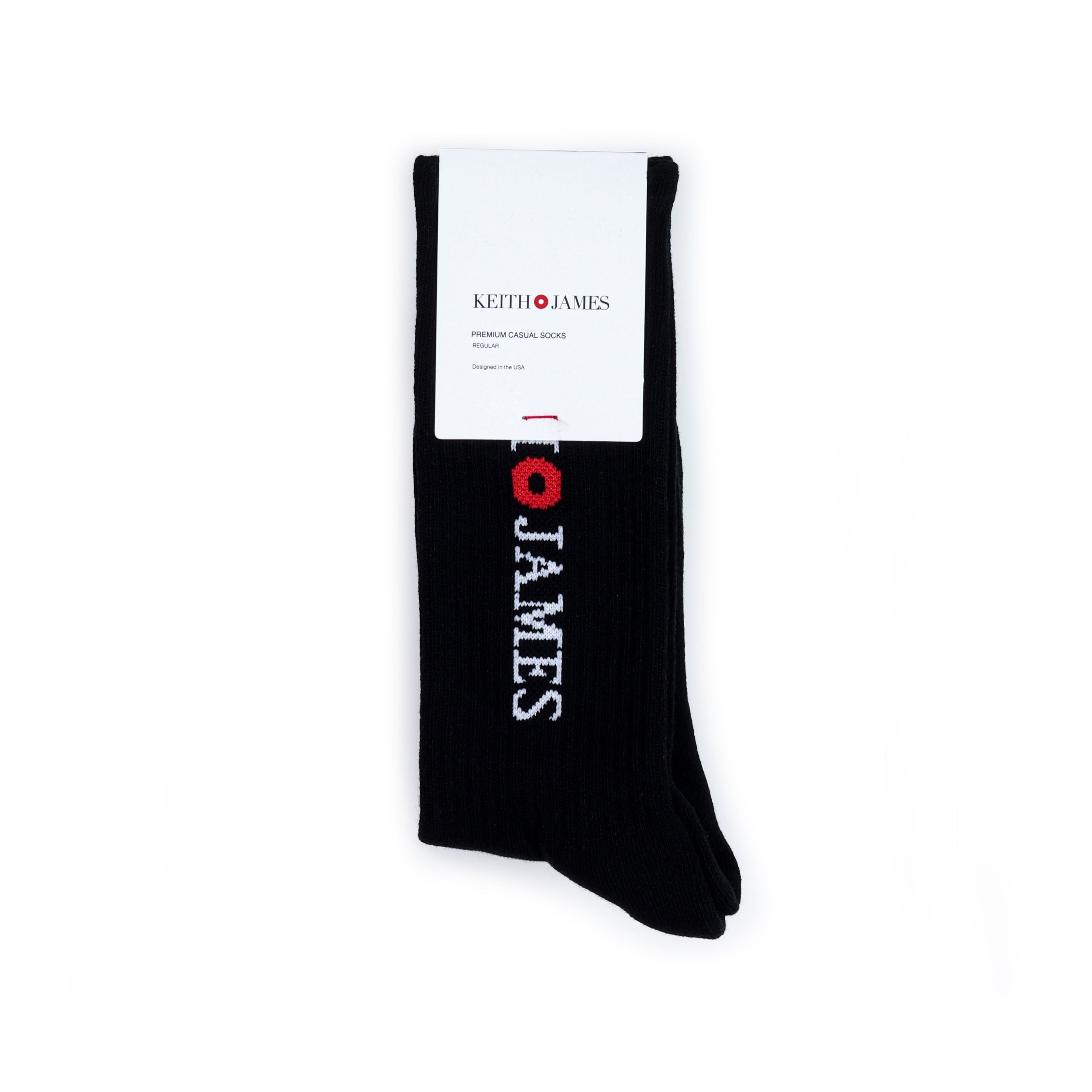 A black crew-length sock with text 'KEITH JAMES' printed on the side.