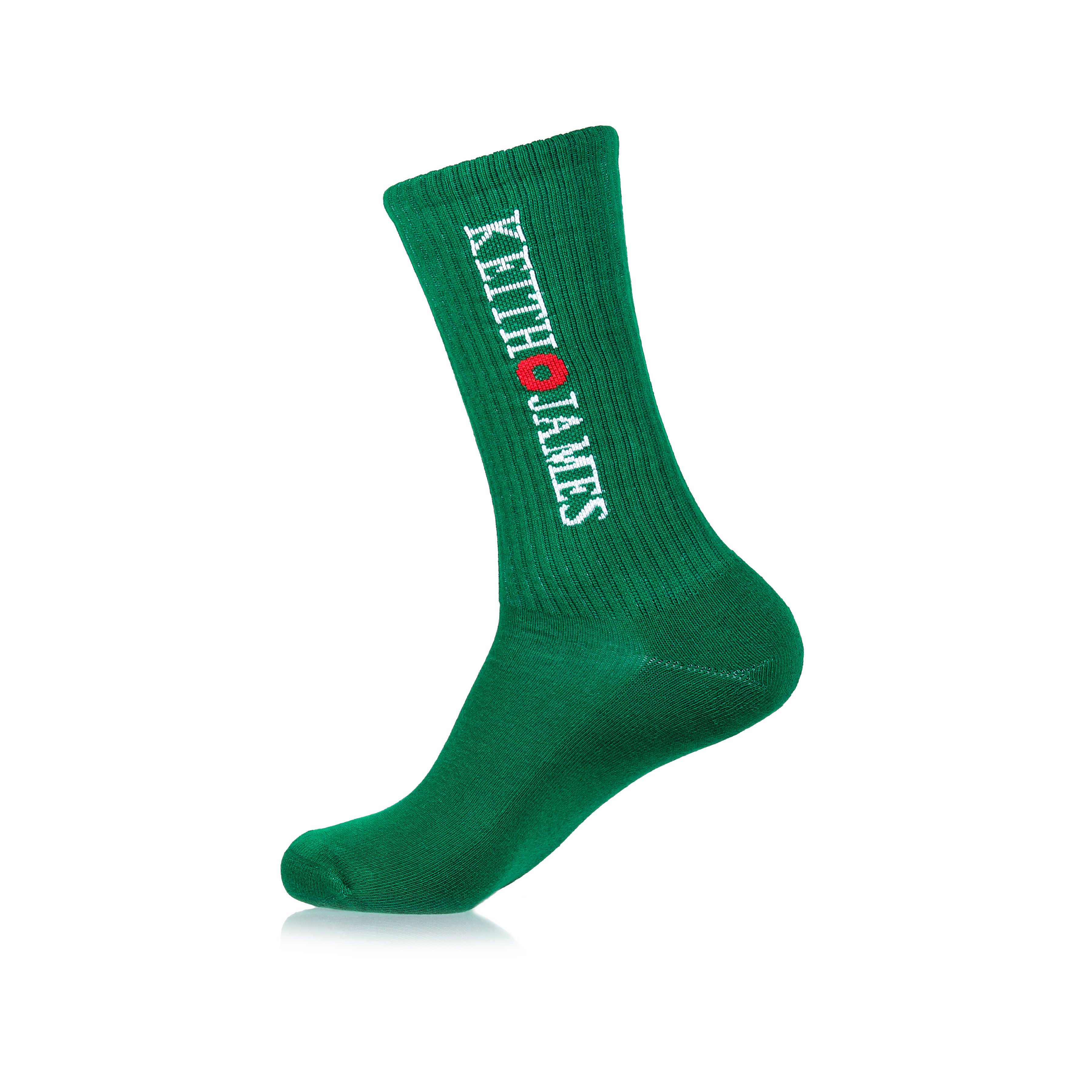 A green crew-length sock with the text 'KEITH JAMES' prominently displayed along the side.