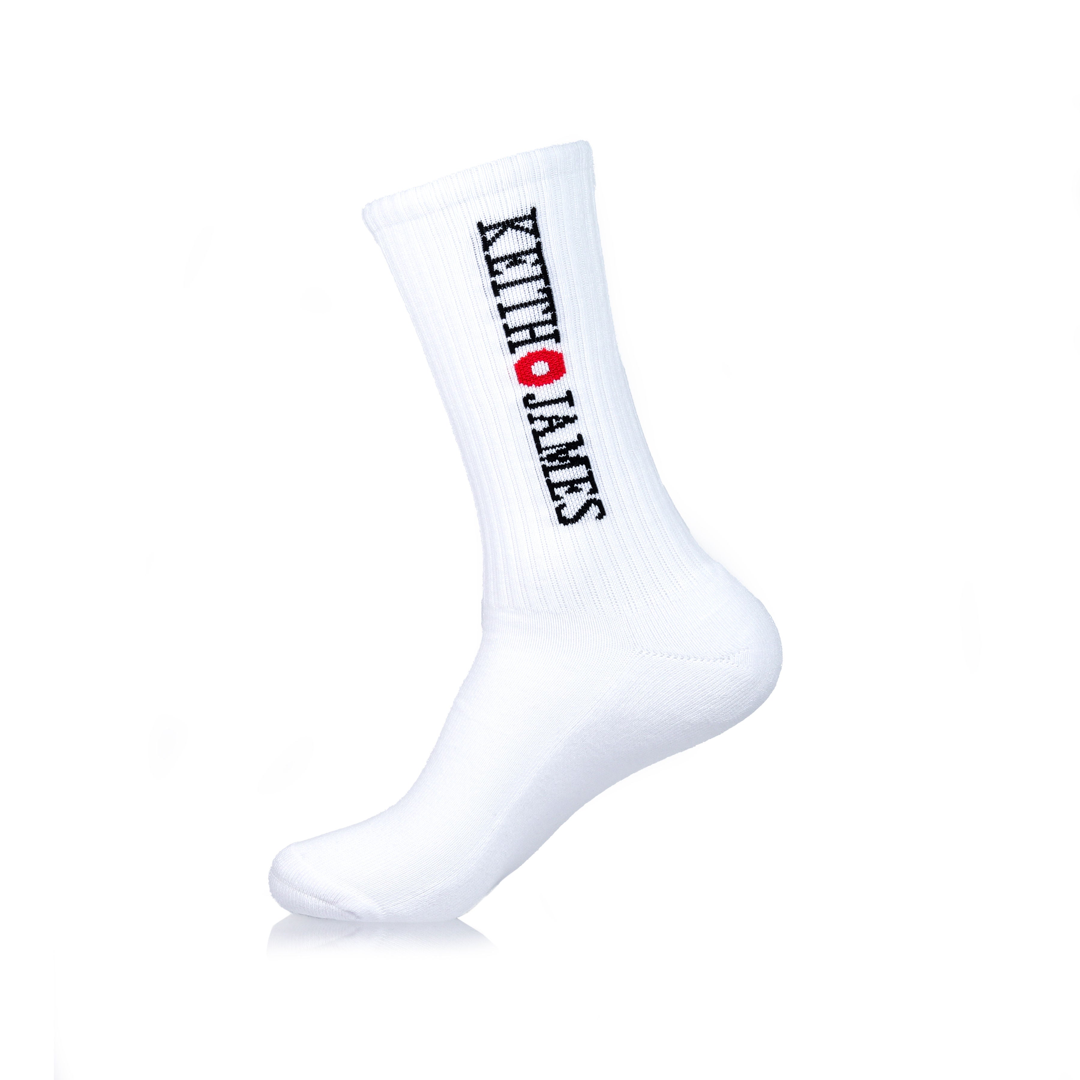 A single white crew-length sock with text pattern.