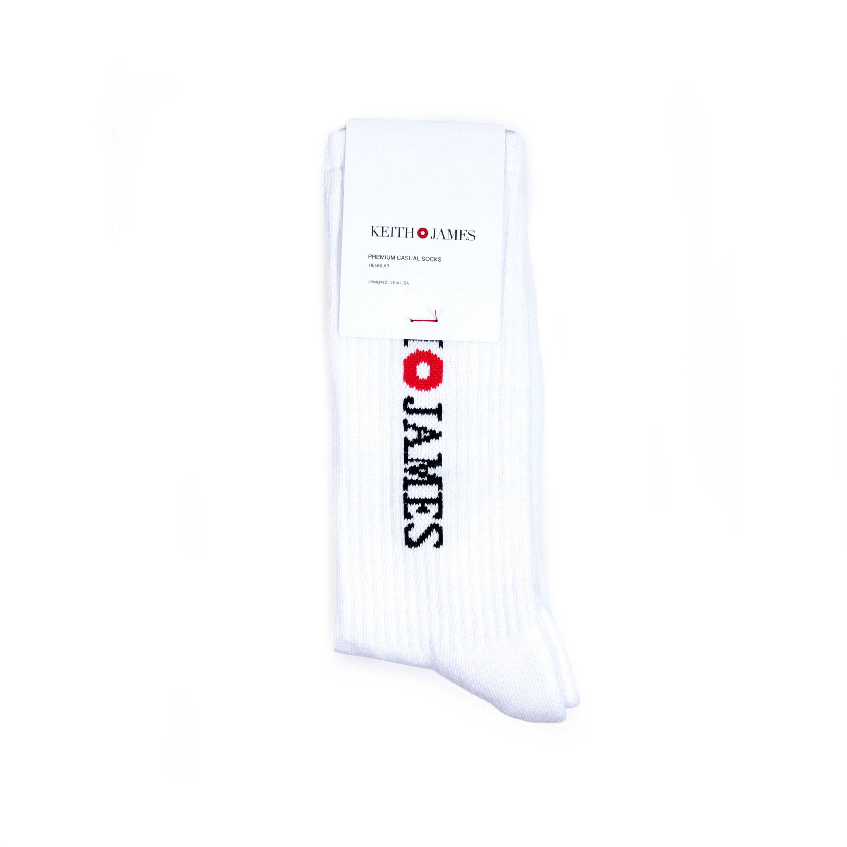 A single white crew-length sock with text pattern.