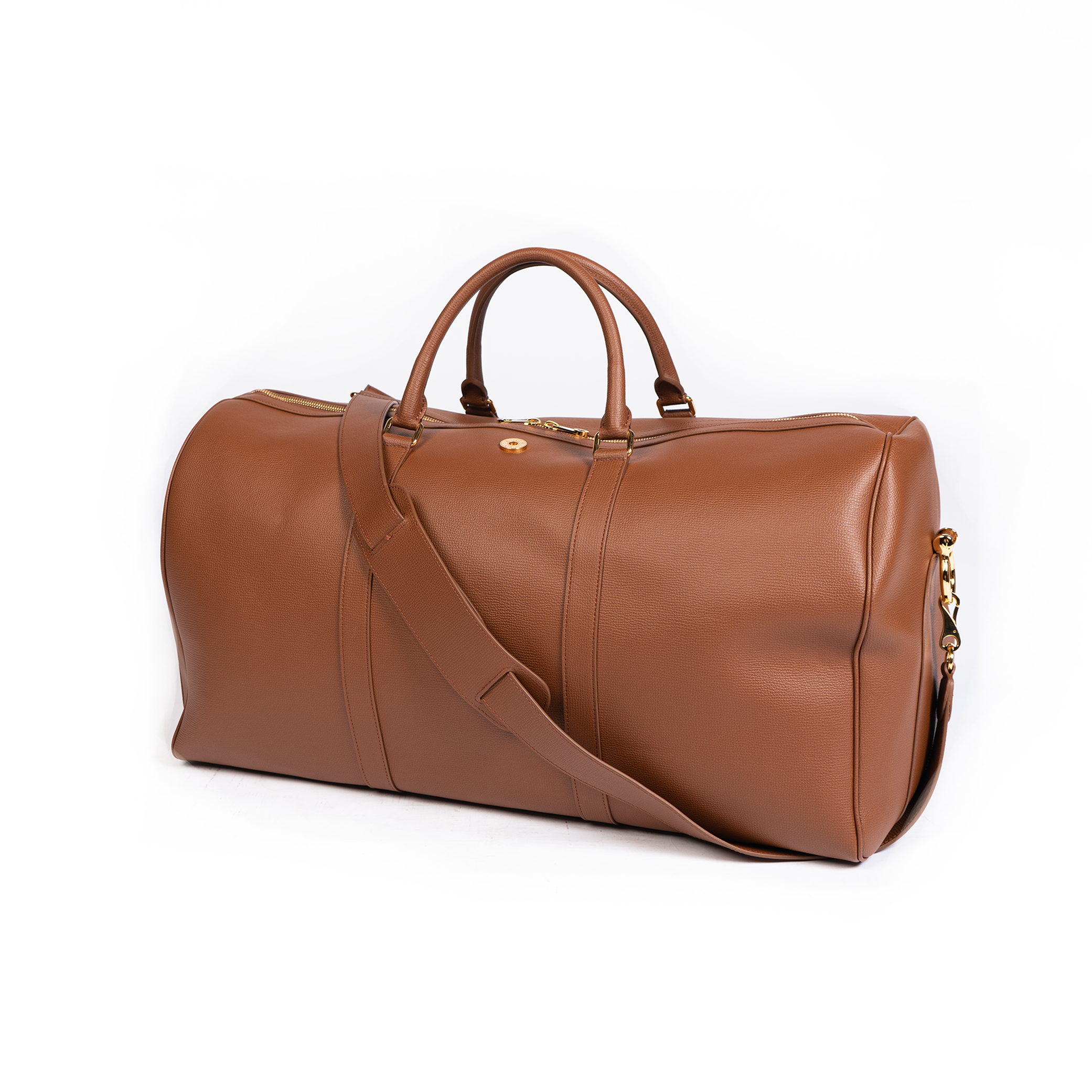 A cocoa brown duffel bag with a detachable strap and a zipper closure.
