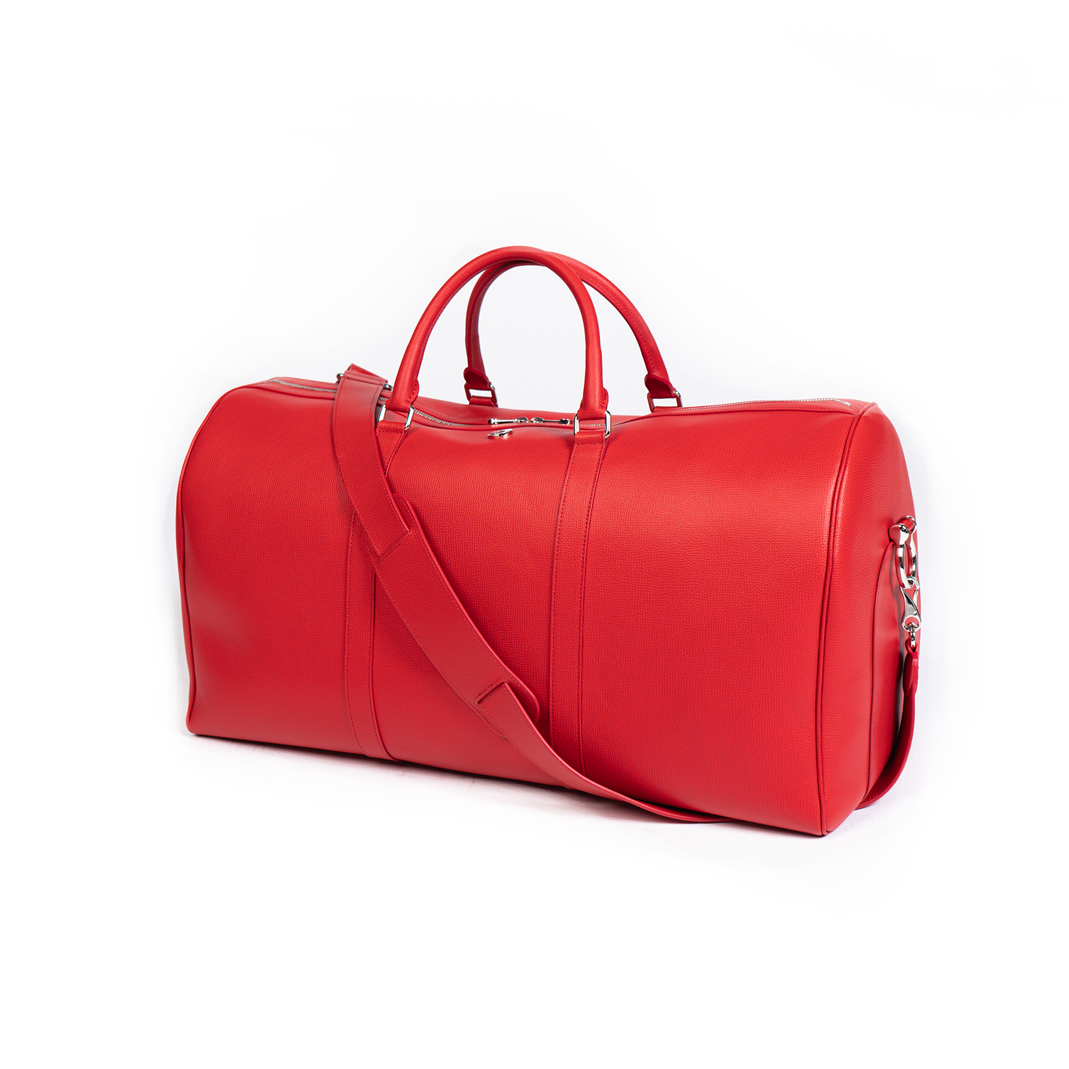 A rose red duffel bag with a detachable strap and a zipper closure.