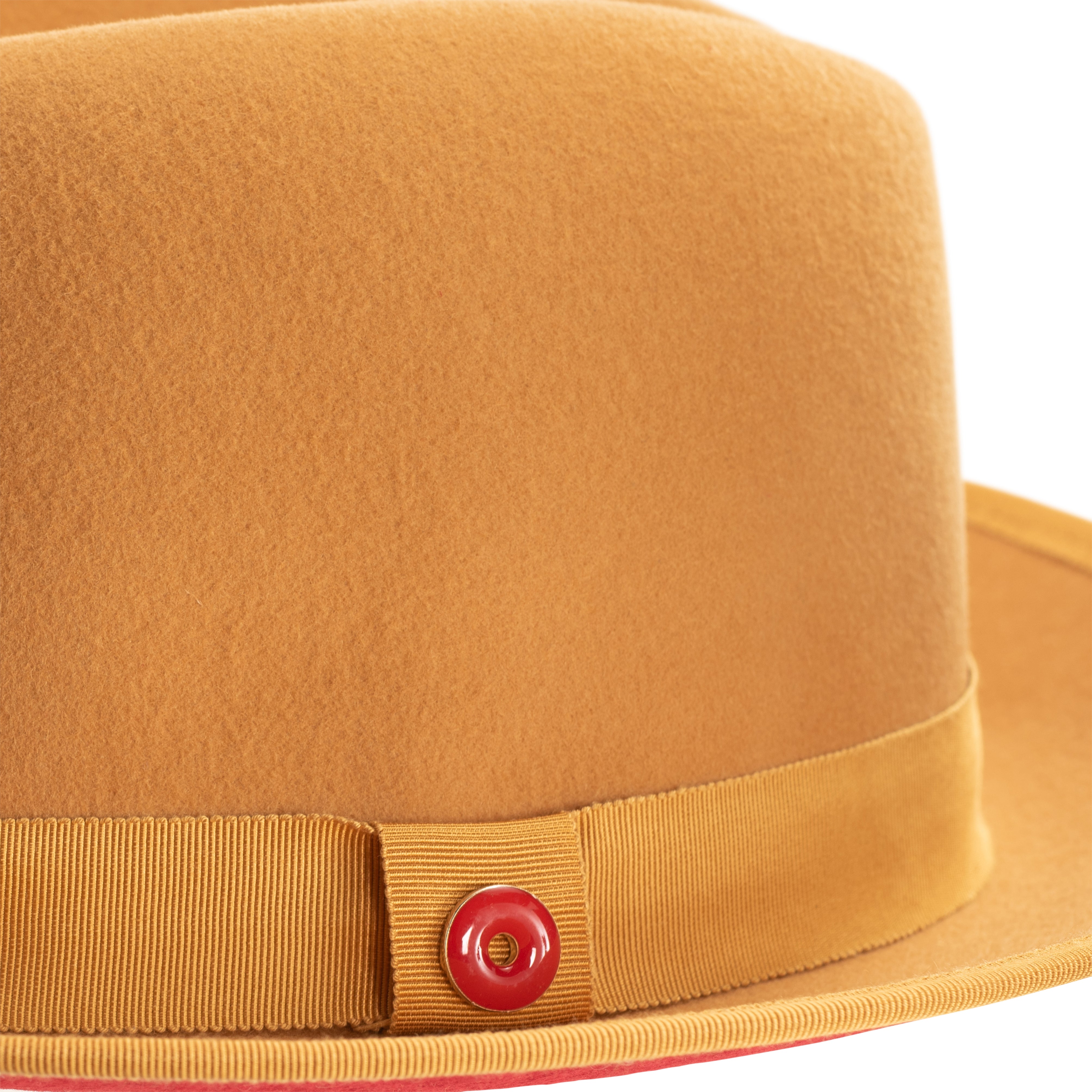 A canary yellow fedora hat with a red bottom brim and a signature logo pin.
