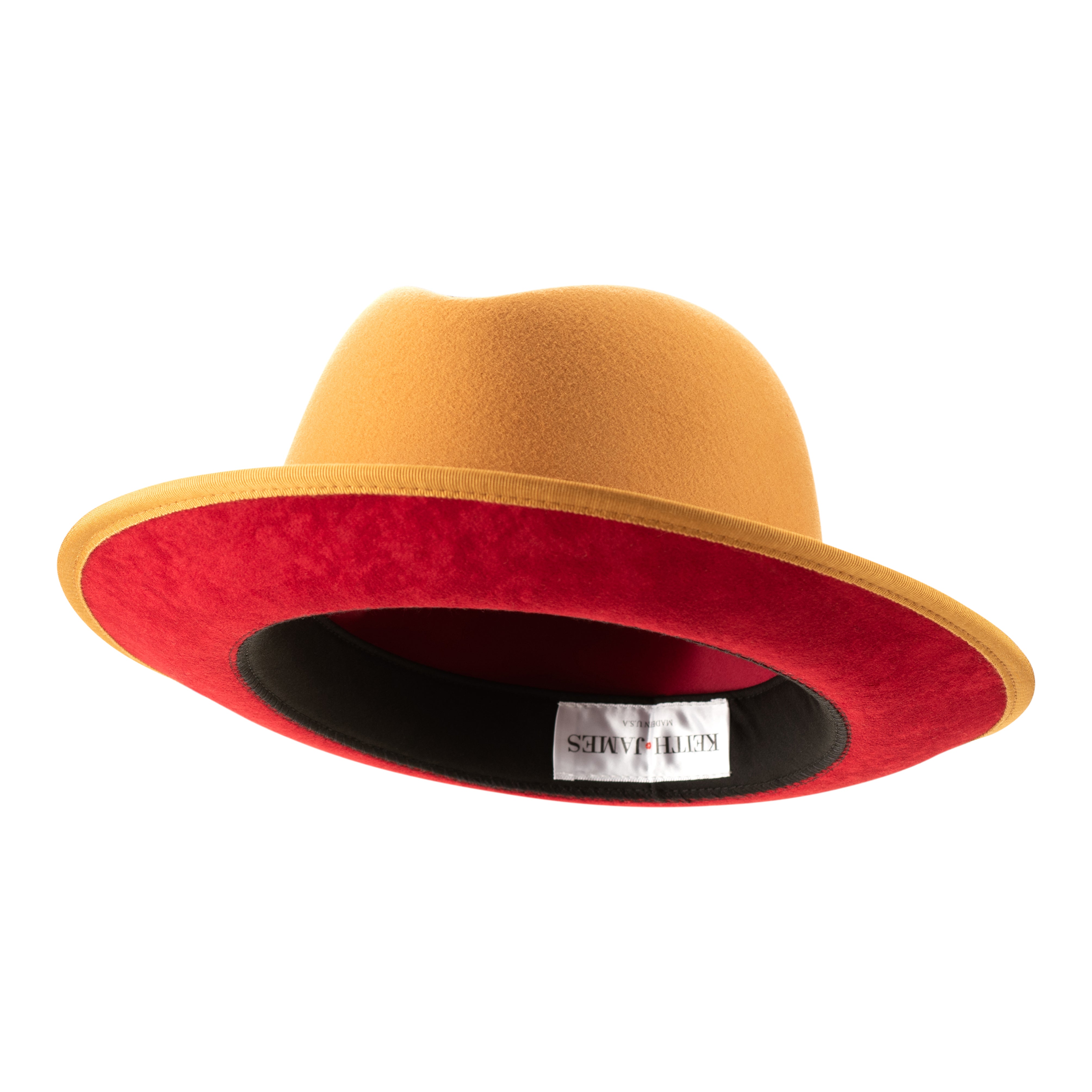 A canary yellow fedora hat with a red bottom brim and a signature logo pin.