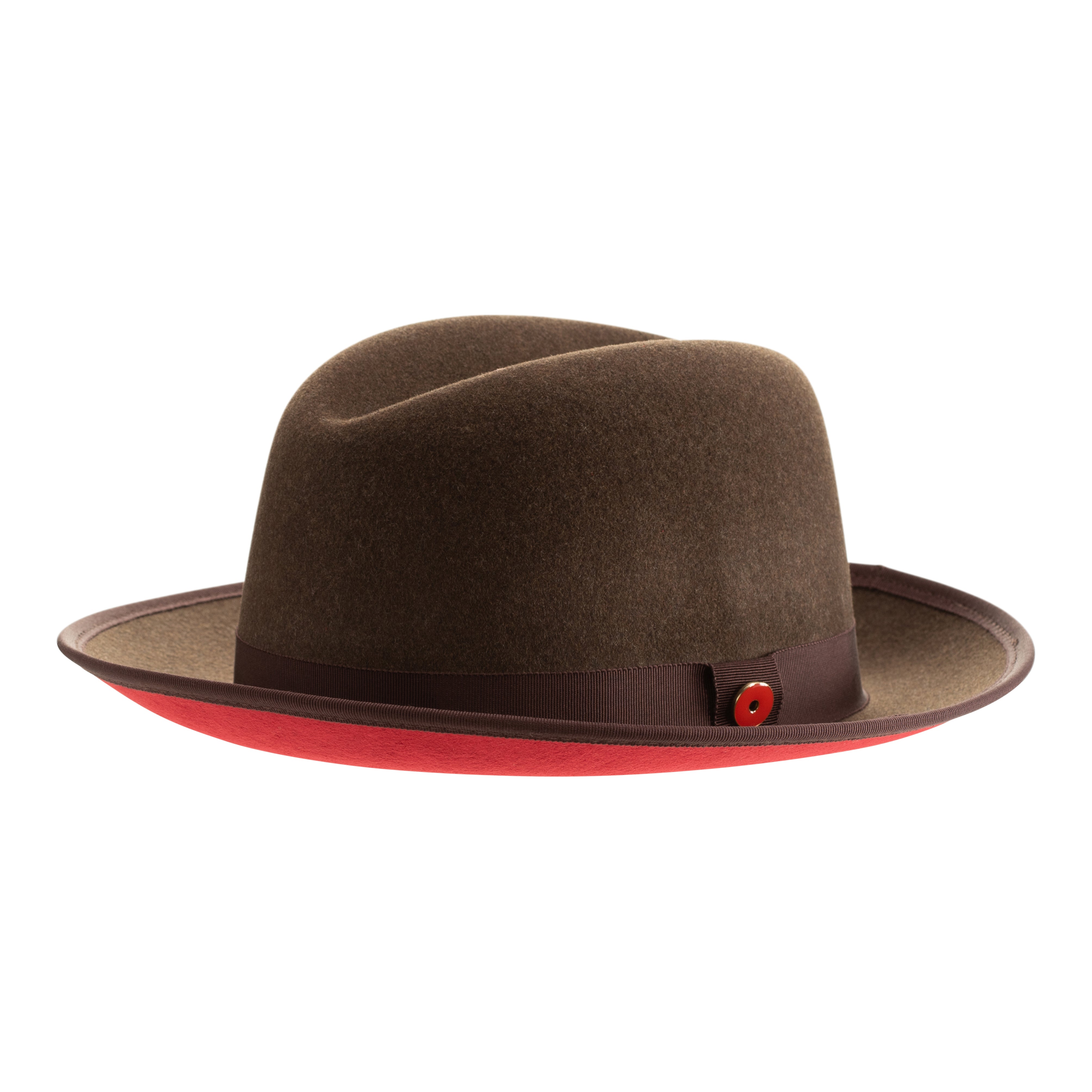 A cocoa brown classic center-creased fedora with a 2.5 inch curved brim and bound edge, featuring a red bottom brim and a signature logo pin.