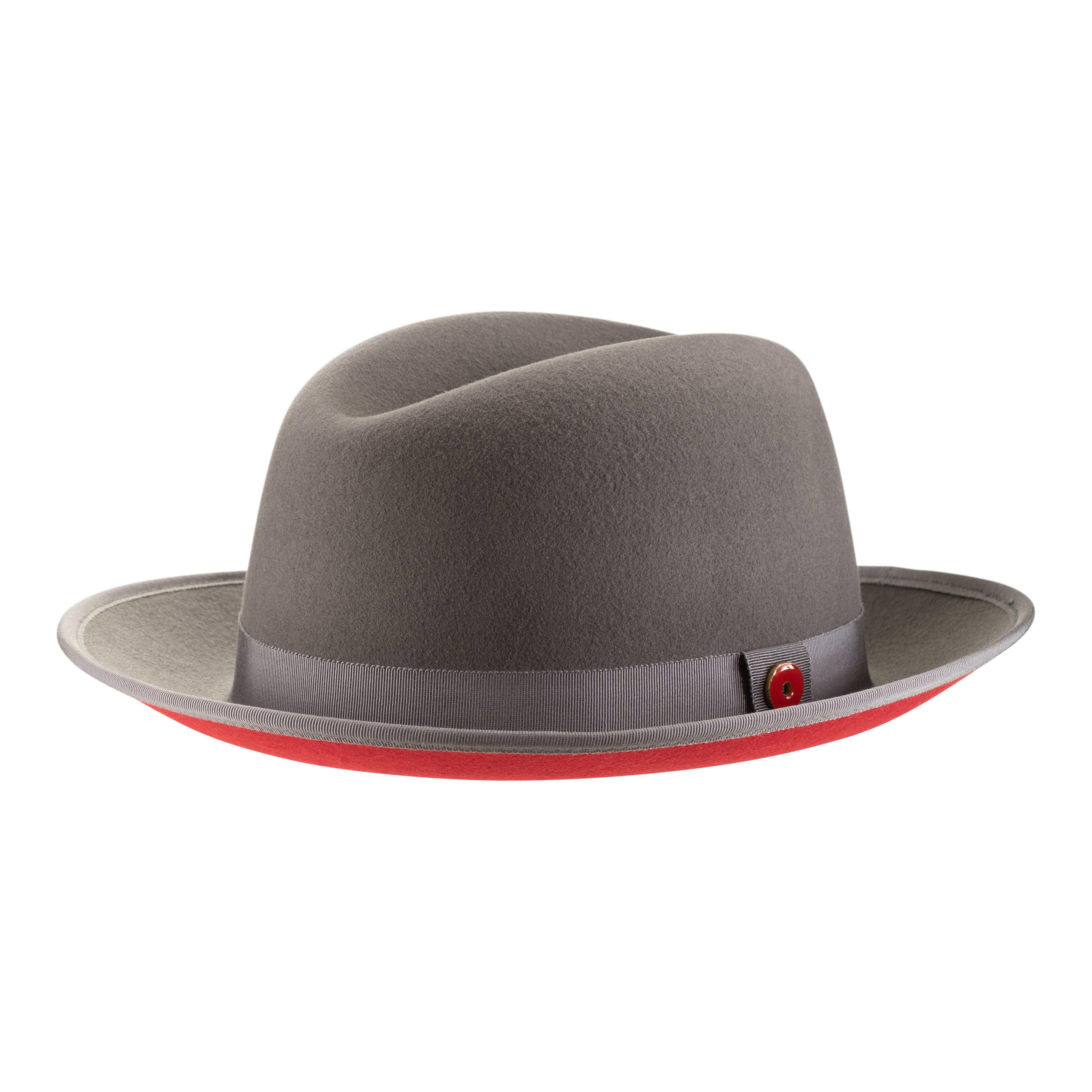 A classic center-creased fedora with a 2.5 inch curved brim featuring a bound edge, signature logo pin, red bottom brim, and a gray ribbon trim.