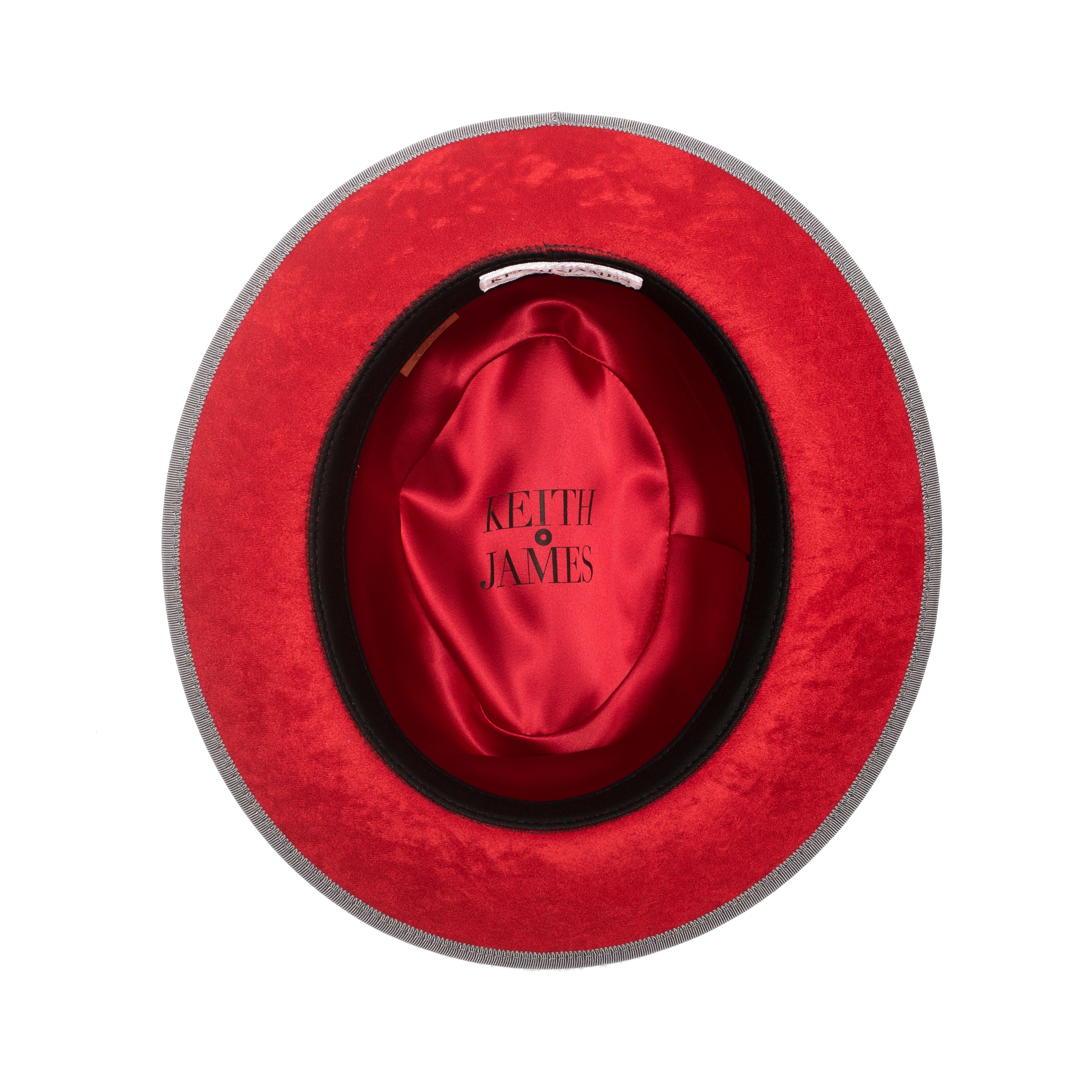 A classic center-creased fedora with a 2.5 inch curved brim featuring a bound edge, signature logo pin, red bottom brim, and a gray ribbon trim.