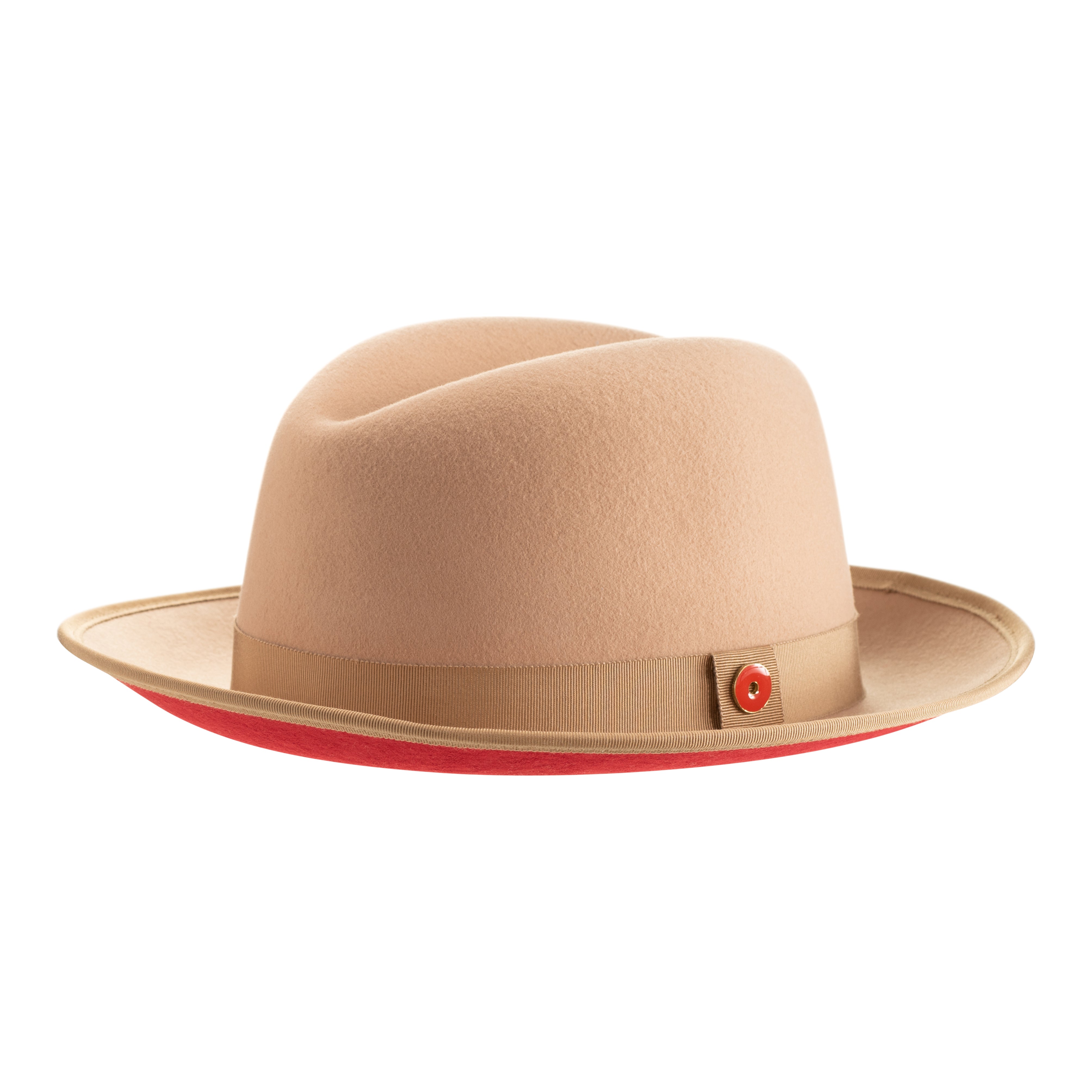 A golden honey colored fedora with a red ribbon trim and a red bottom brim, featuring a signature logo pin.