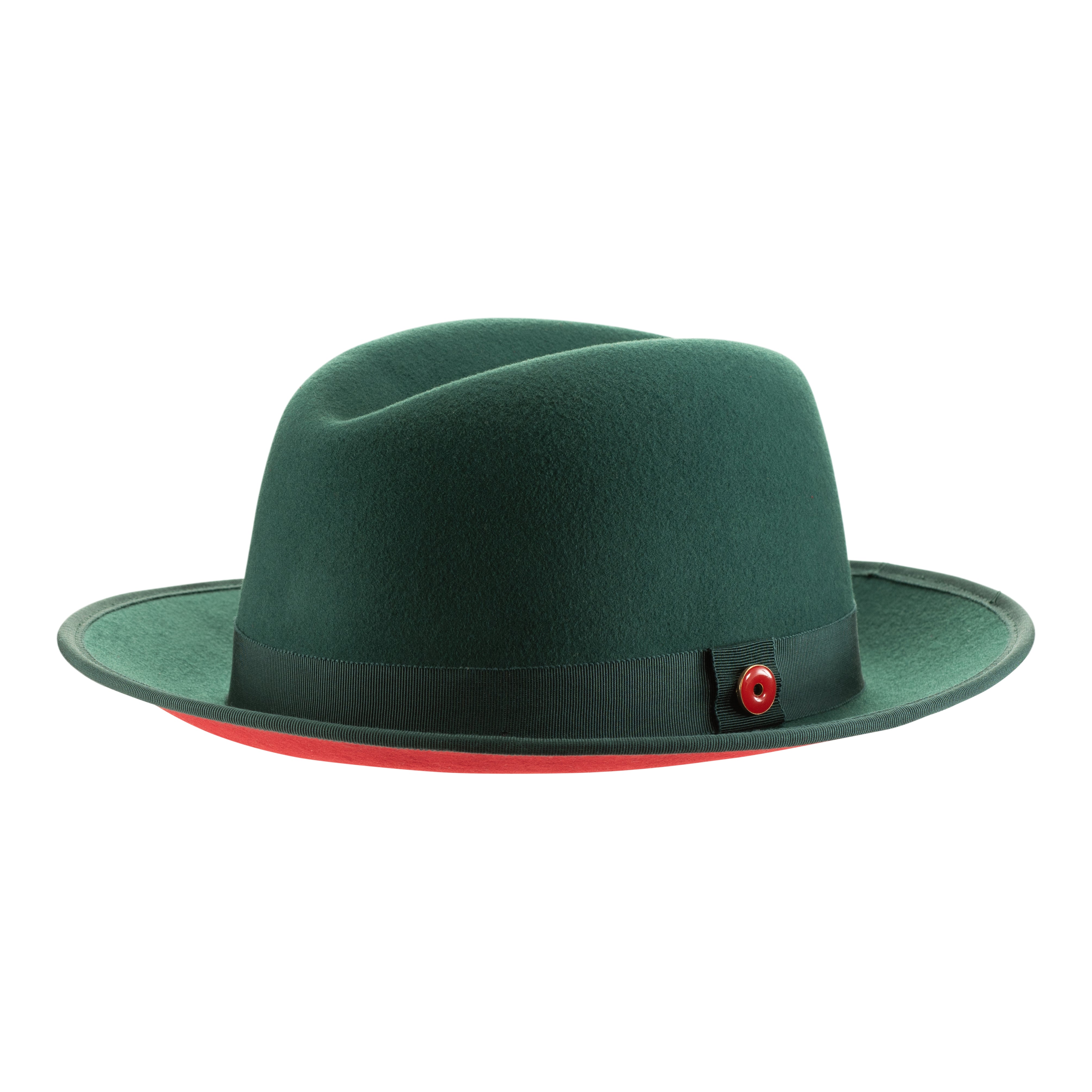 A green classic center-creased fedora with a 2.5 inch curved brim, signature logo pin, and red bottom brim.
