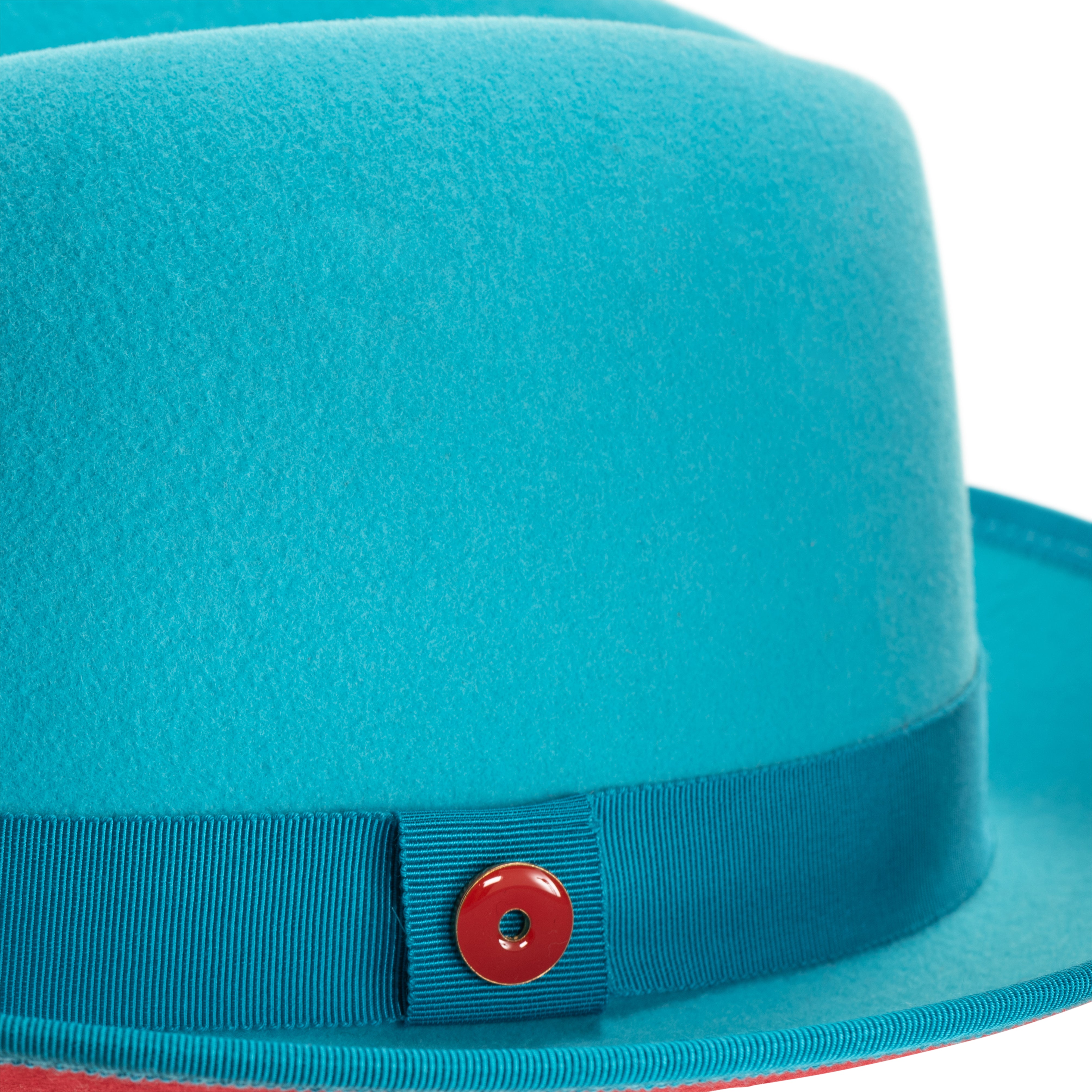 A classic center-creased fedora hat in ocean blue color with a red bottom brim and a signature logo pin.