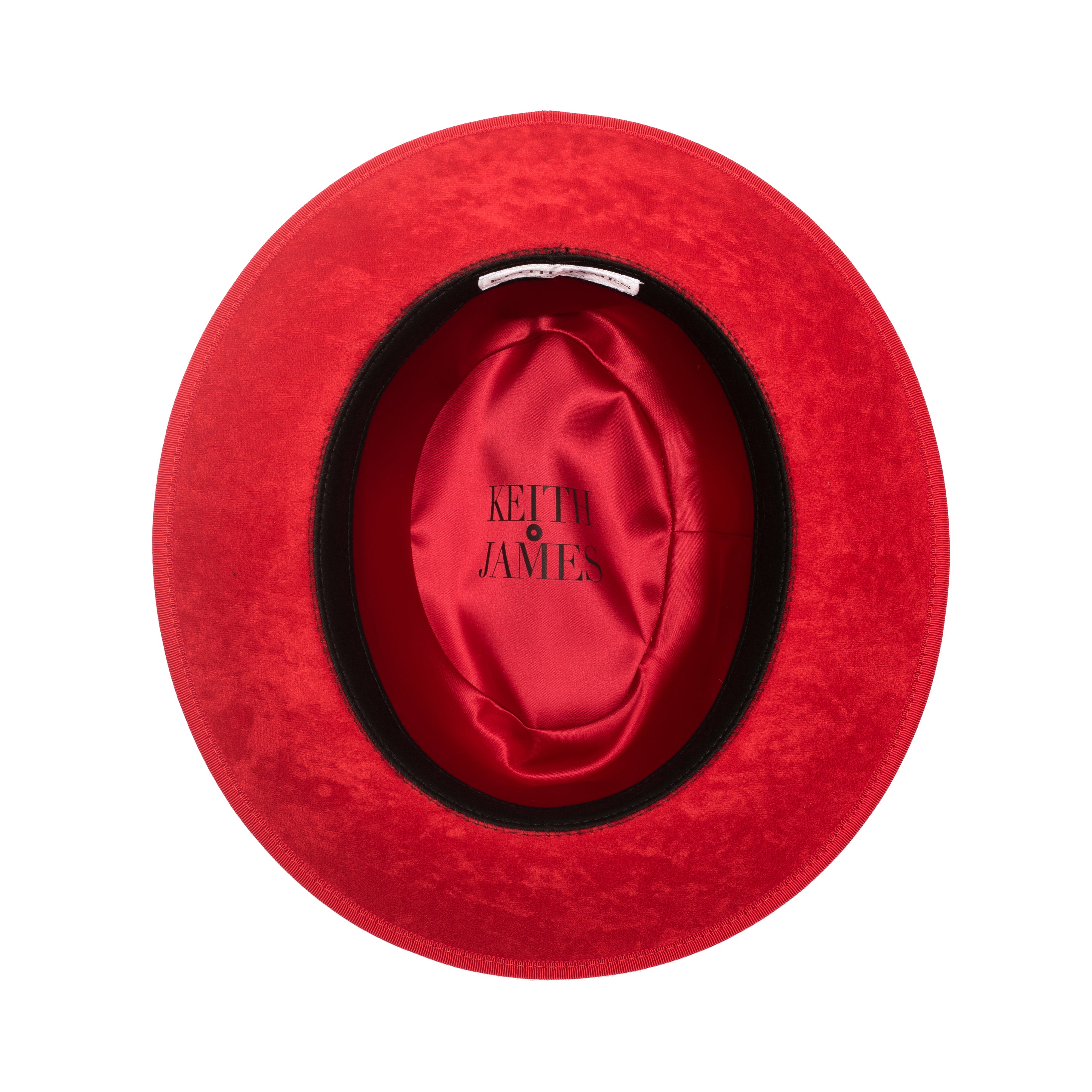 A rose red classic center-creased fedora with a 3 inch curved brim and bound edge, featuring a signature logo pin and red bottom brim.