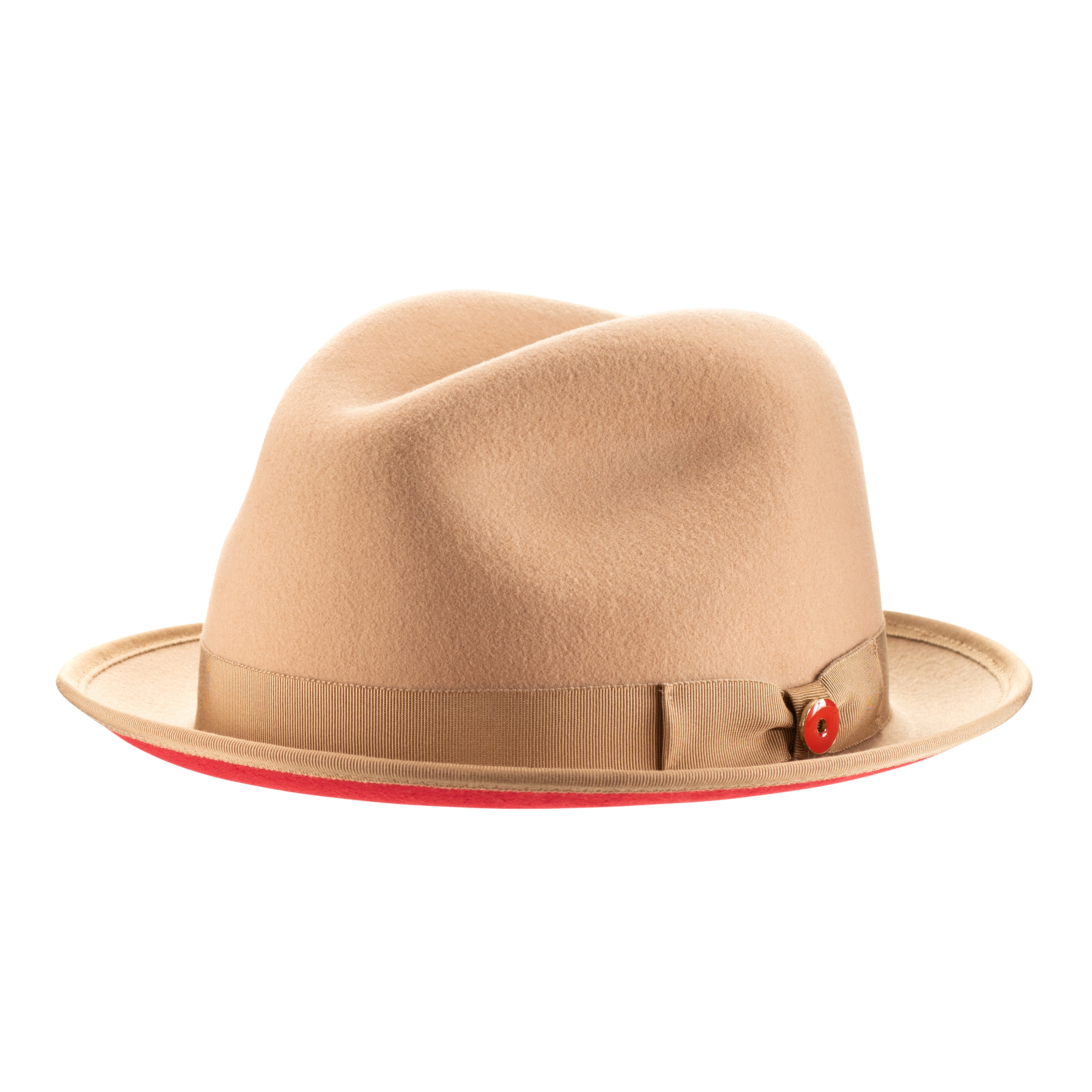 A golden honey colored fedora hat with a pinched crown, a 2-inch brim, and a red bottom brim. It includes a classic ribbon and bow with a signature logo pin.