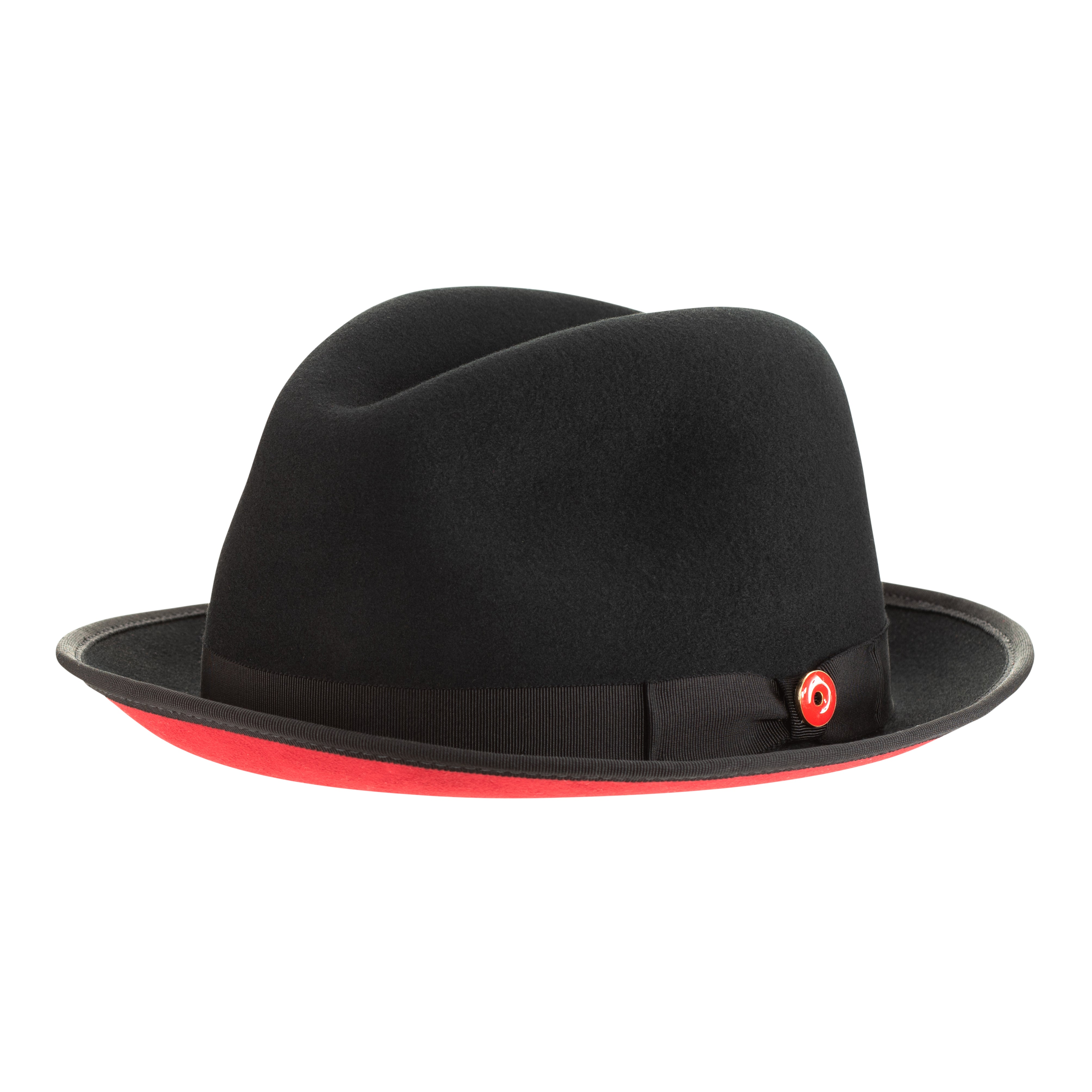 A black pinched crown fedora hat with a red bottom brim and a signature logo pin.