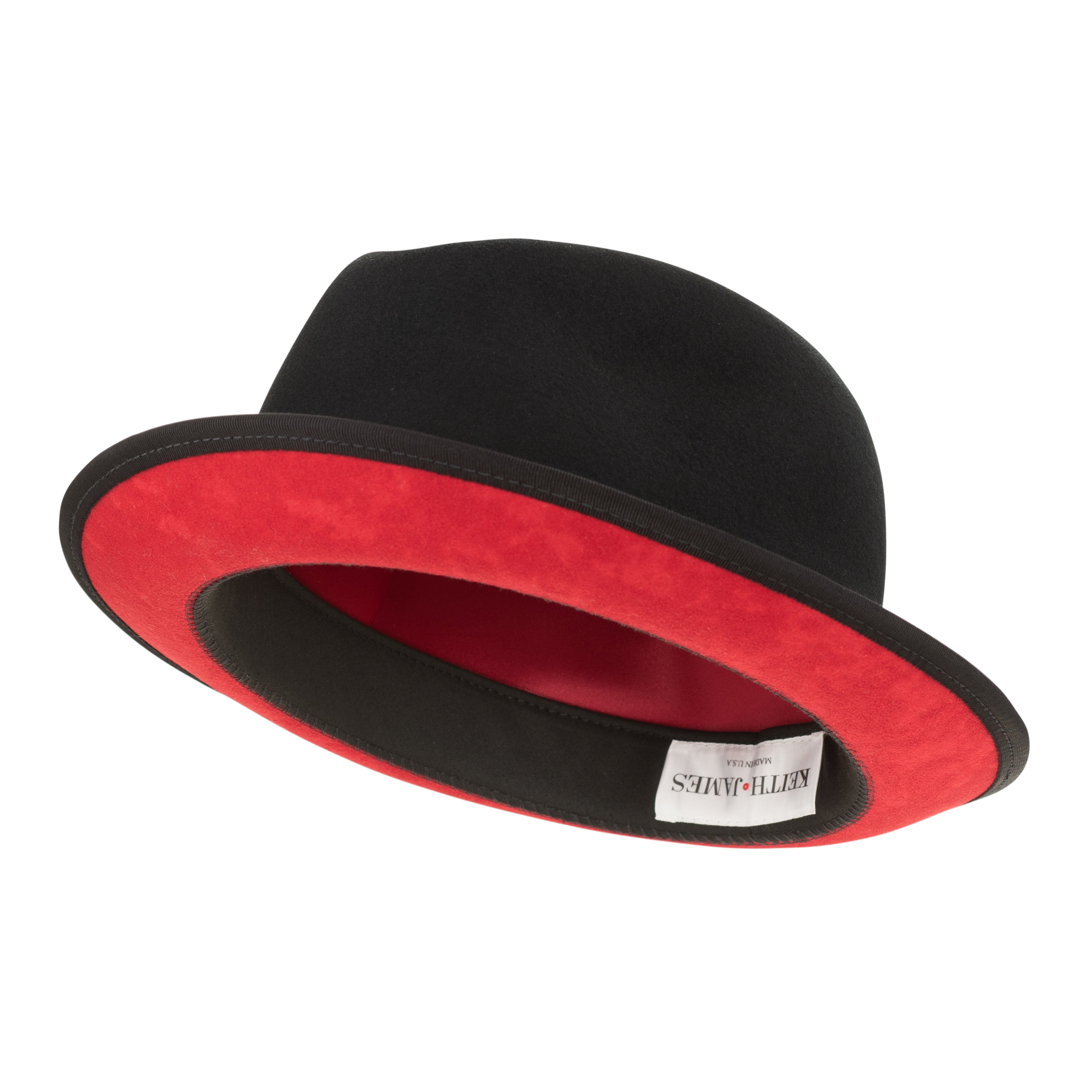 A black pinched crown fedora hat with a red bottom brim and a signature logo pin.