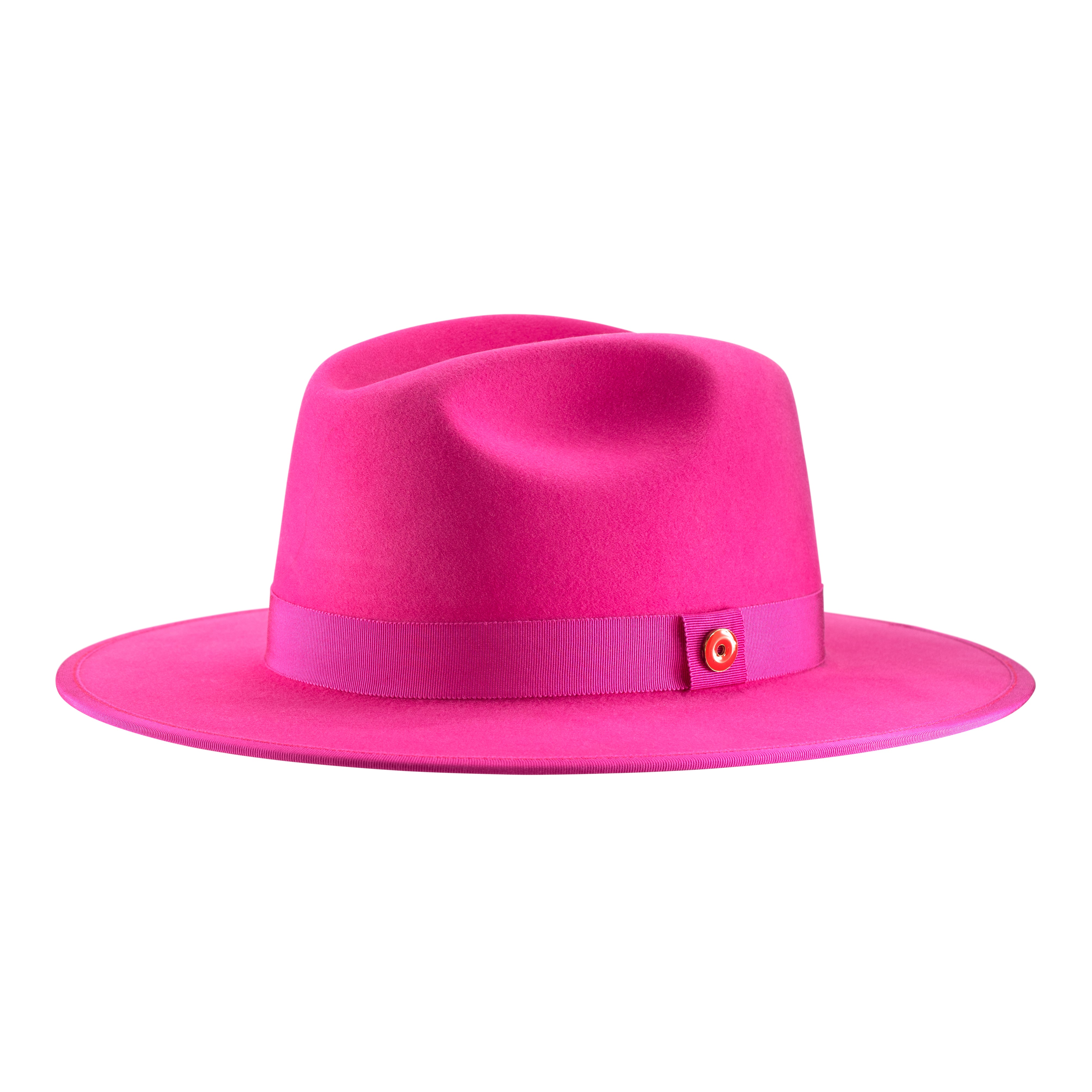 A hot pink fedora hat with a flat brim, classic ribbon trim, and a signature logo pin on the side.