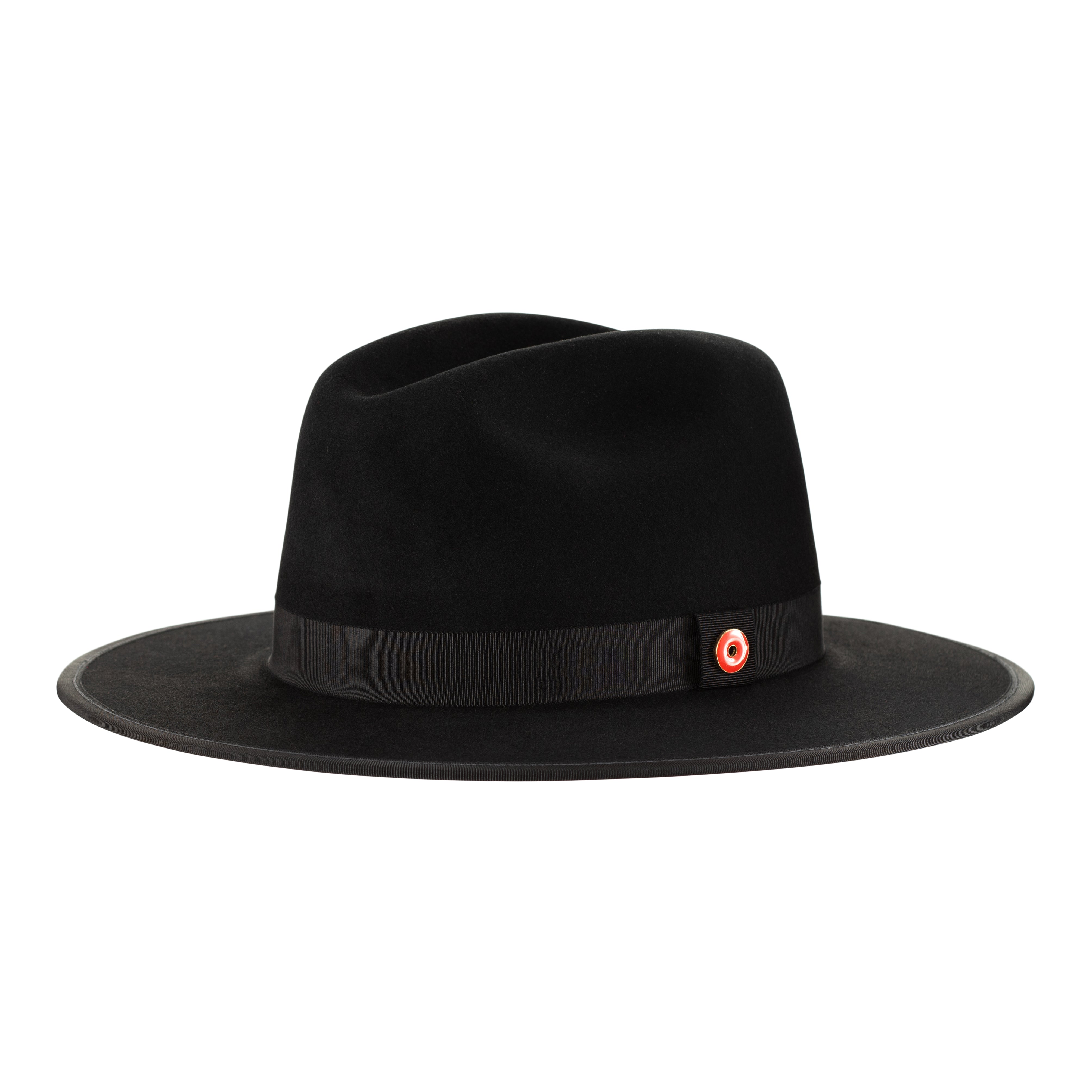 A jet black fedora hat with a pinched crown, flat brim, and bound edge. It includes a classic ribbon trim, a signature logo pin, and a red bottom brim.