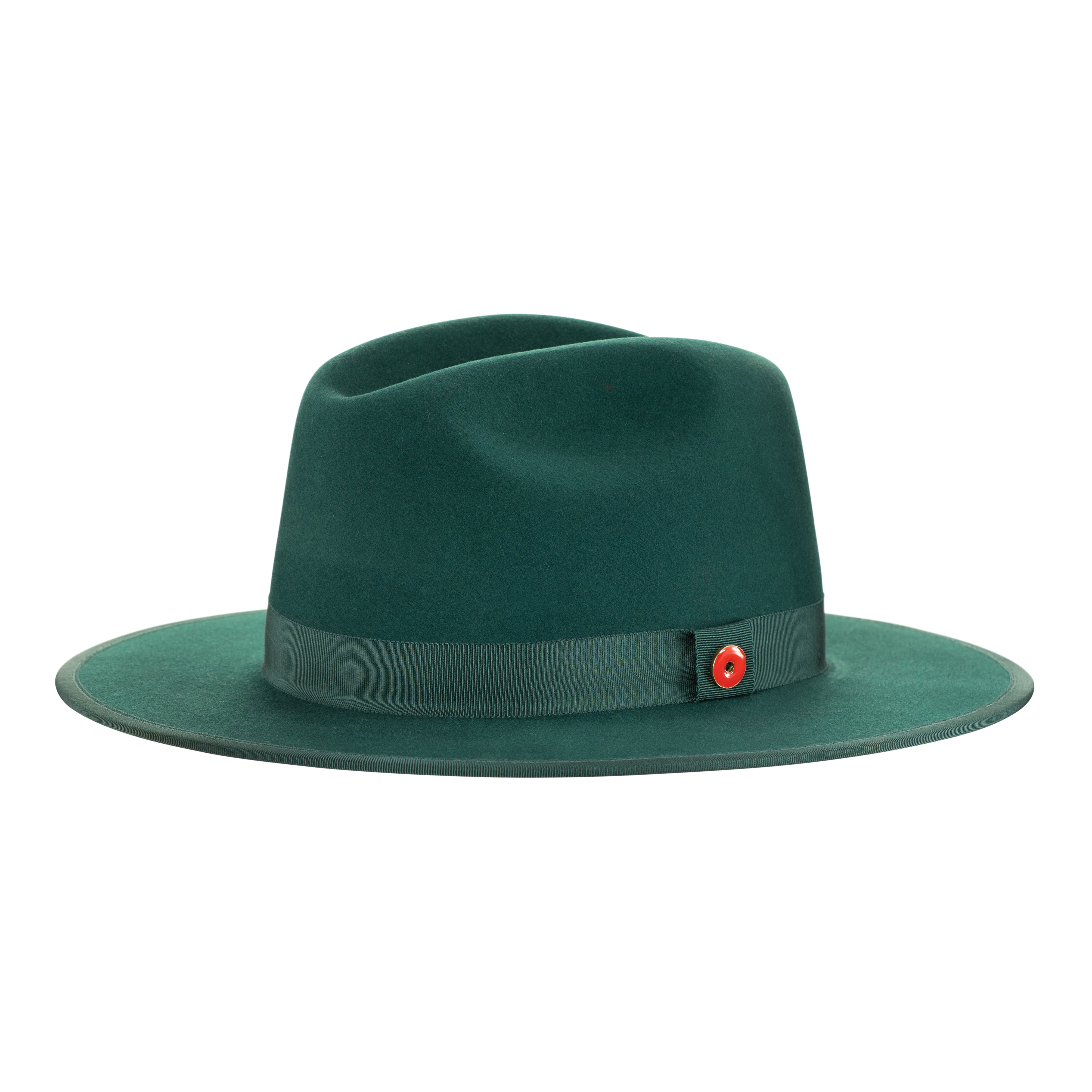 A green fedora hat with a flat brim and a classic ribbon trim, featuring a signature logo pin and a red bottom brim.