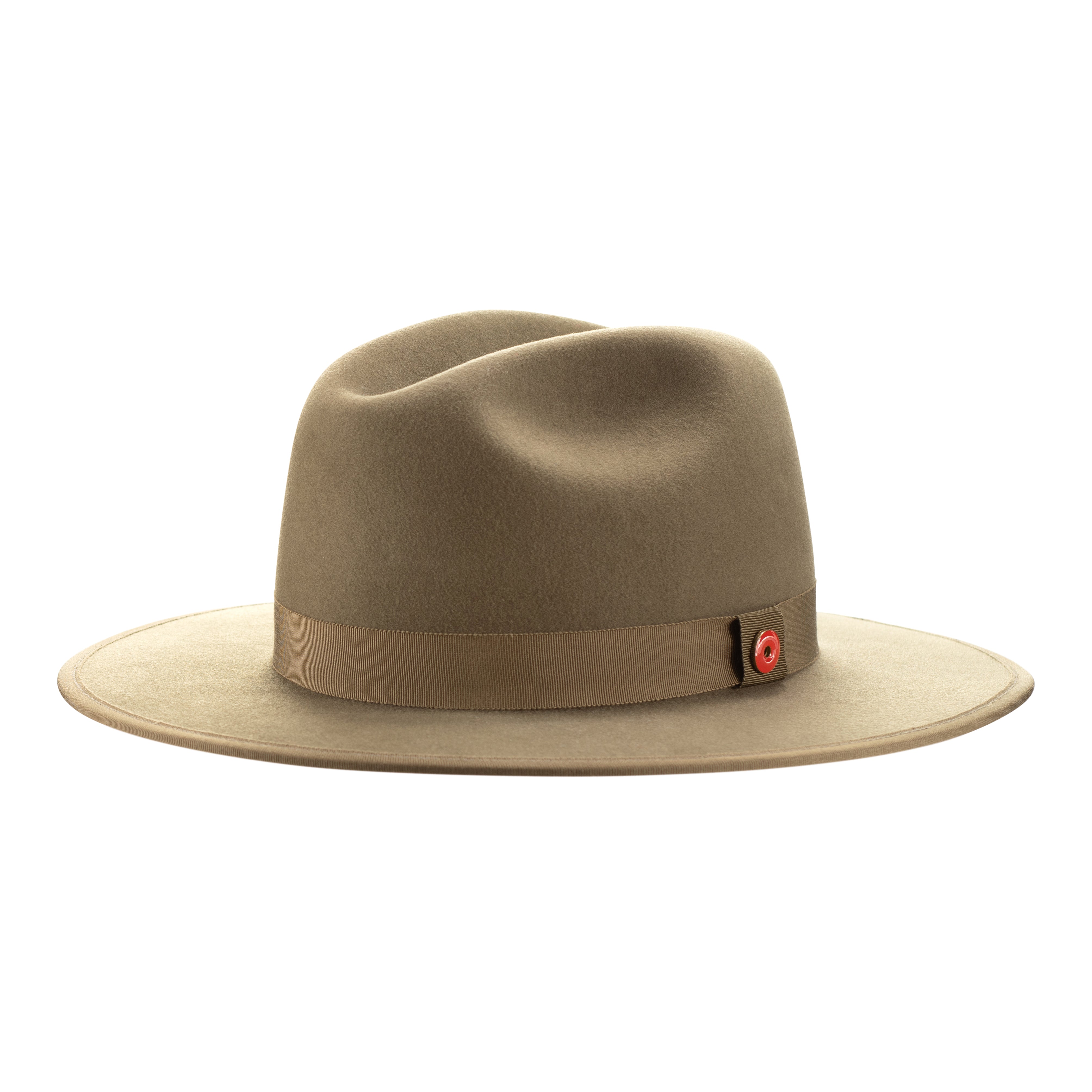 An olive green fedora hat with a flat brim and a classic ribbon trim, featuring a signature logo pin and a red bottom brim.
