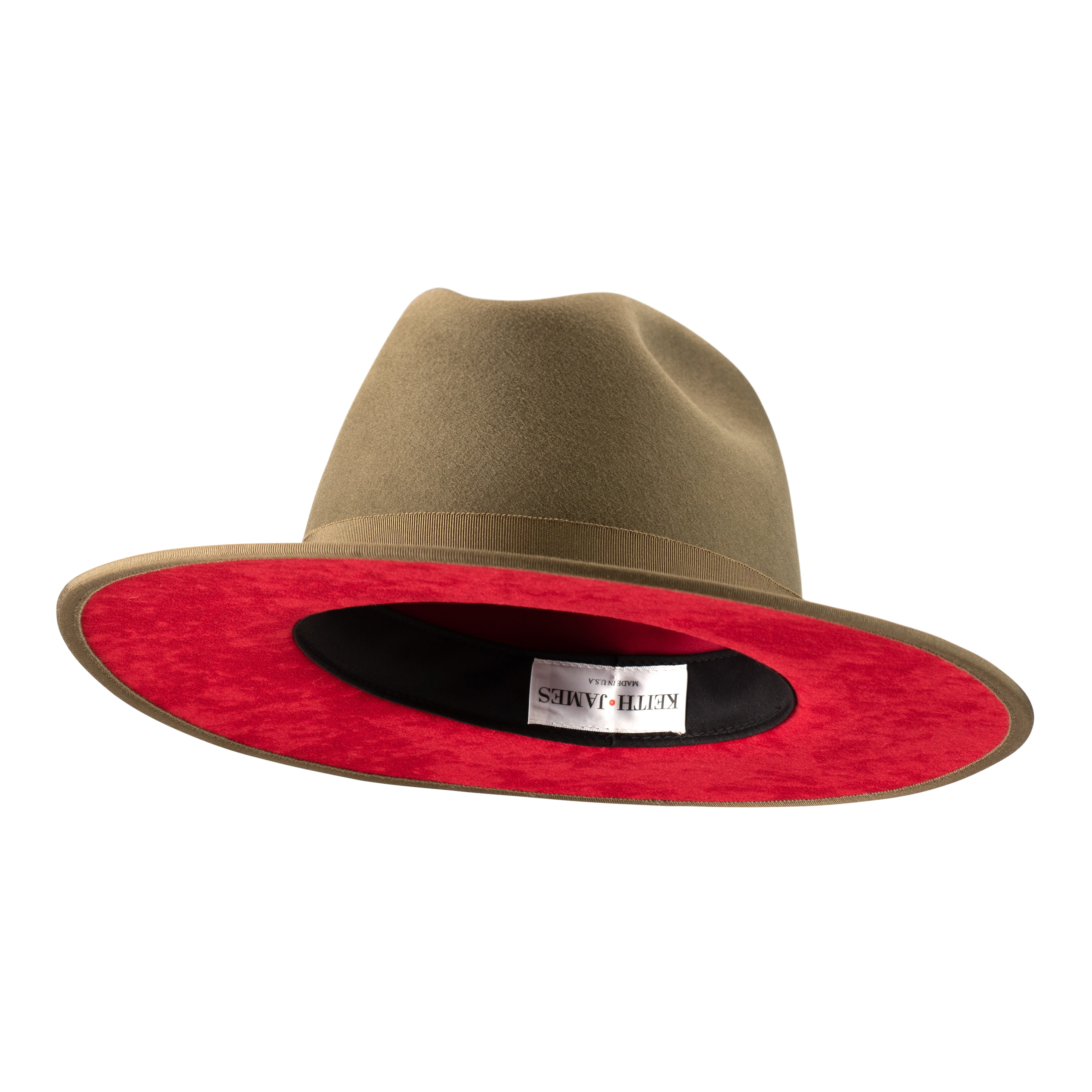 An olive green fedora hat with a flat brim and a classic ribbon trim, featuring a signature logo pin and a red bottom brim.