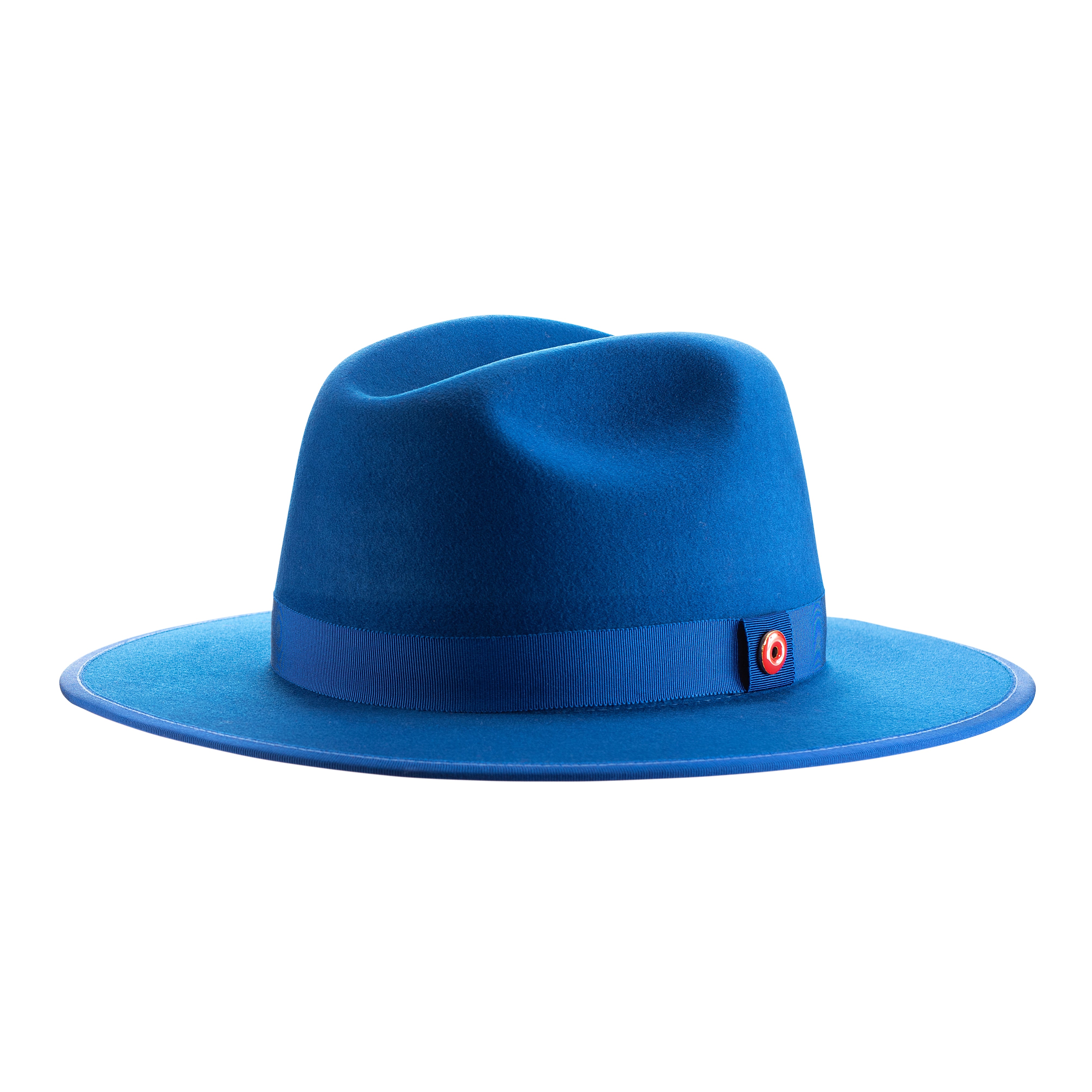 A true blue fedora hat with a pinched crown, flat brim, and bound edge. It includes a classic ribbon trim, a signature logo pin, and a red bottom brim.