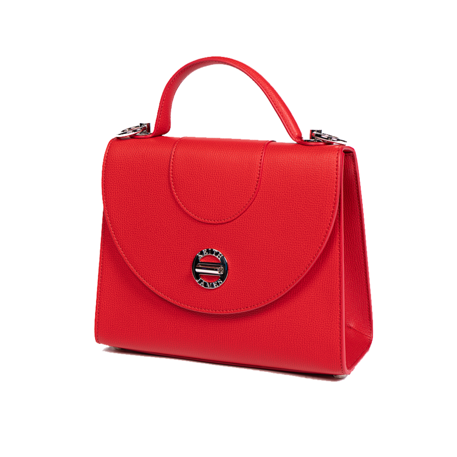 A rose red handbag with a smooth finish, featuring a top handle, a front flap with a decorative logo, and a shiny metallic buckle.