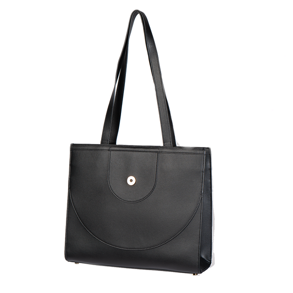 A jet black leather tote bag with a front closure and dual handles.