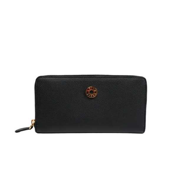 A jet black wallet with a center zip pocket and a logo embossed in the center. It appears to be made of leather with a gold zipper.